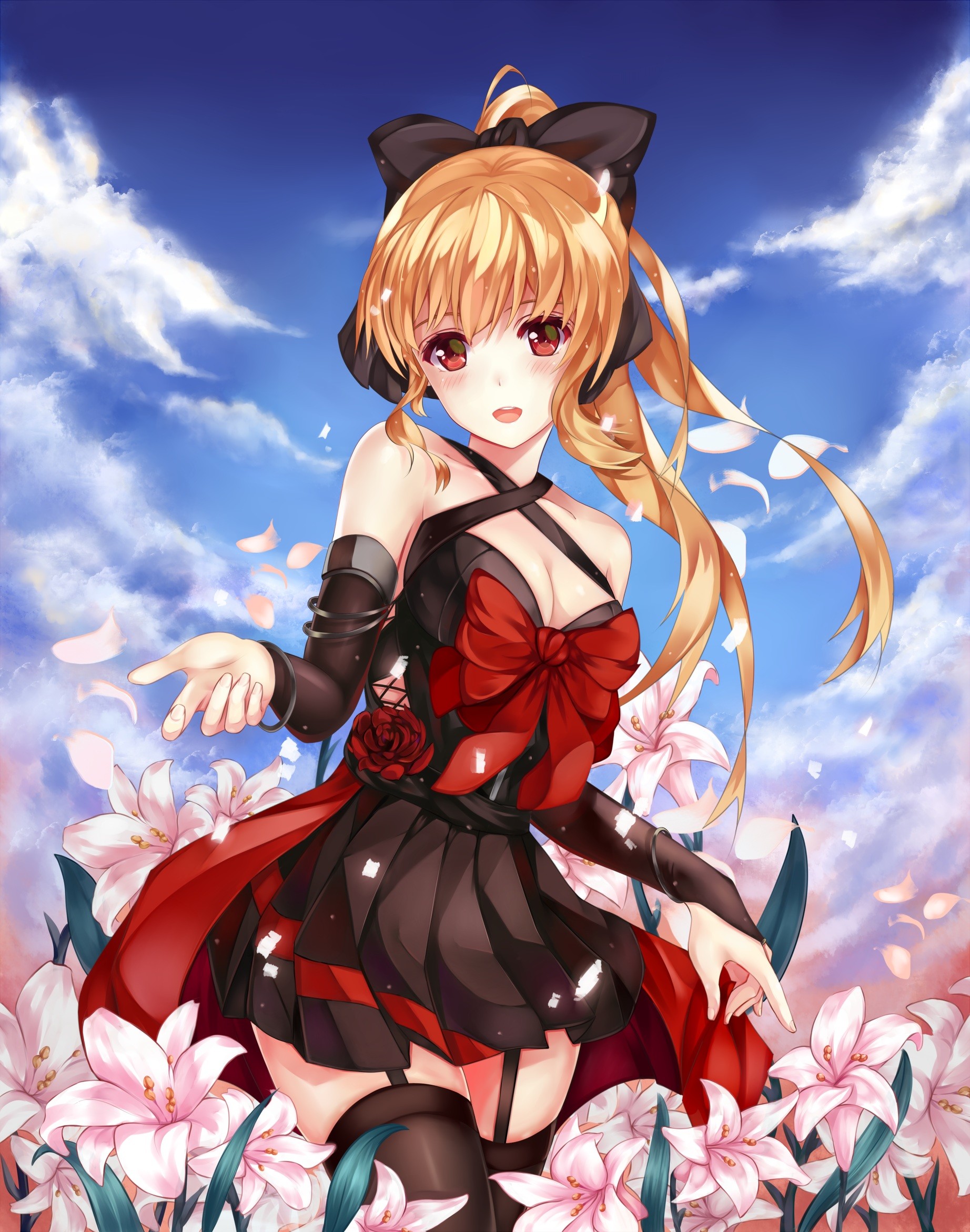 Anime 1844x2342 anime anime girls long hair cleavage dress stockings red eyes flowers plants Pixiv women outdoors black dress blonde open mouth sky
