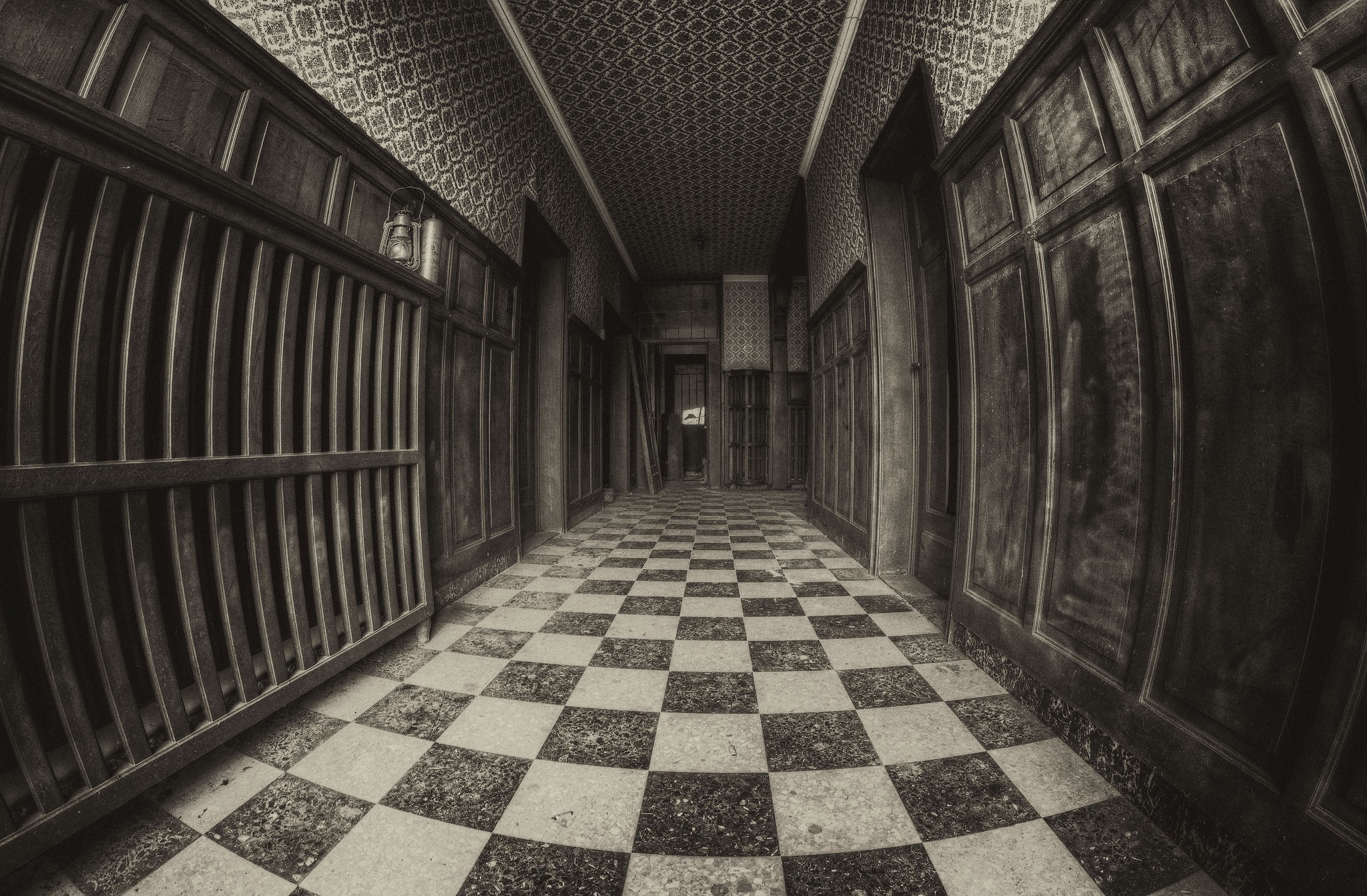 General 2048x1342 digital art monochrome square fisheye lens hallway interior door checkered sepia chess floor