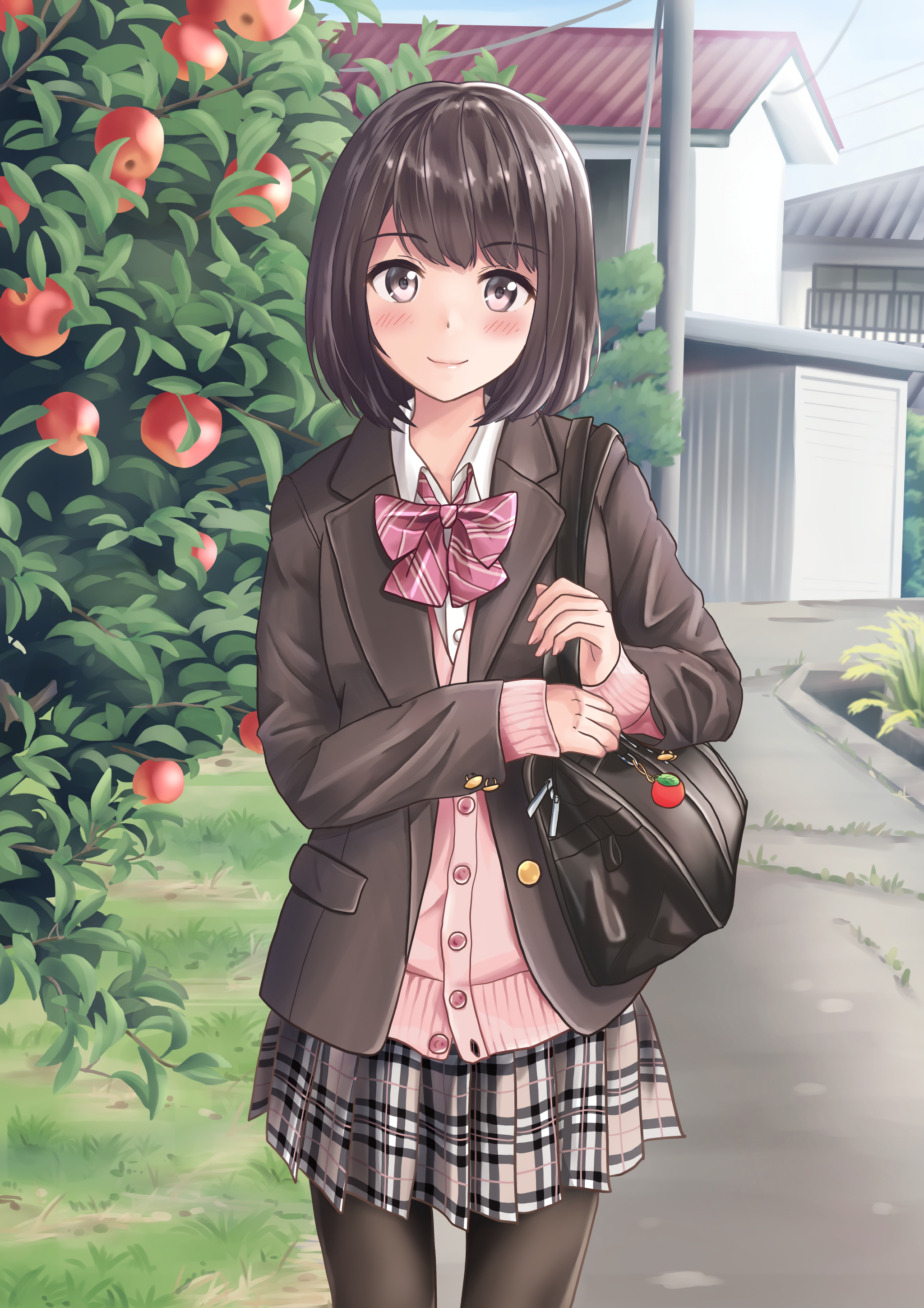 Anime 2048x2898 anime anime girls skirt apples school uniform brown eyes brunette short hair