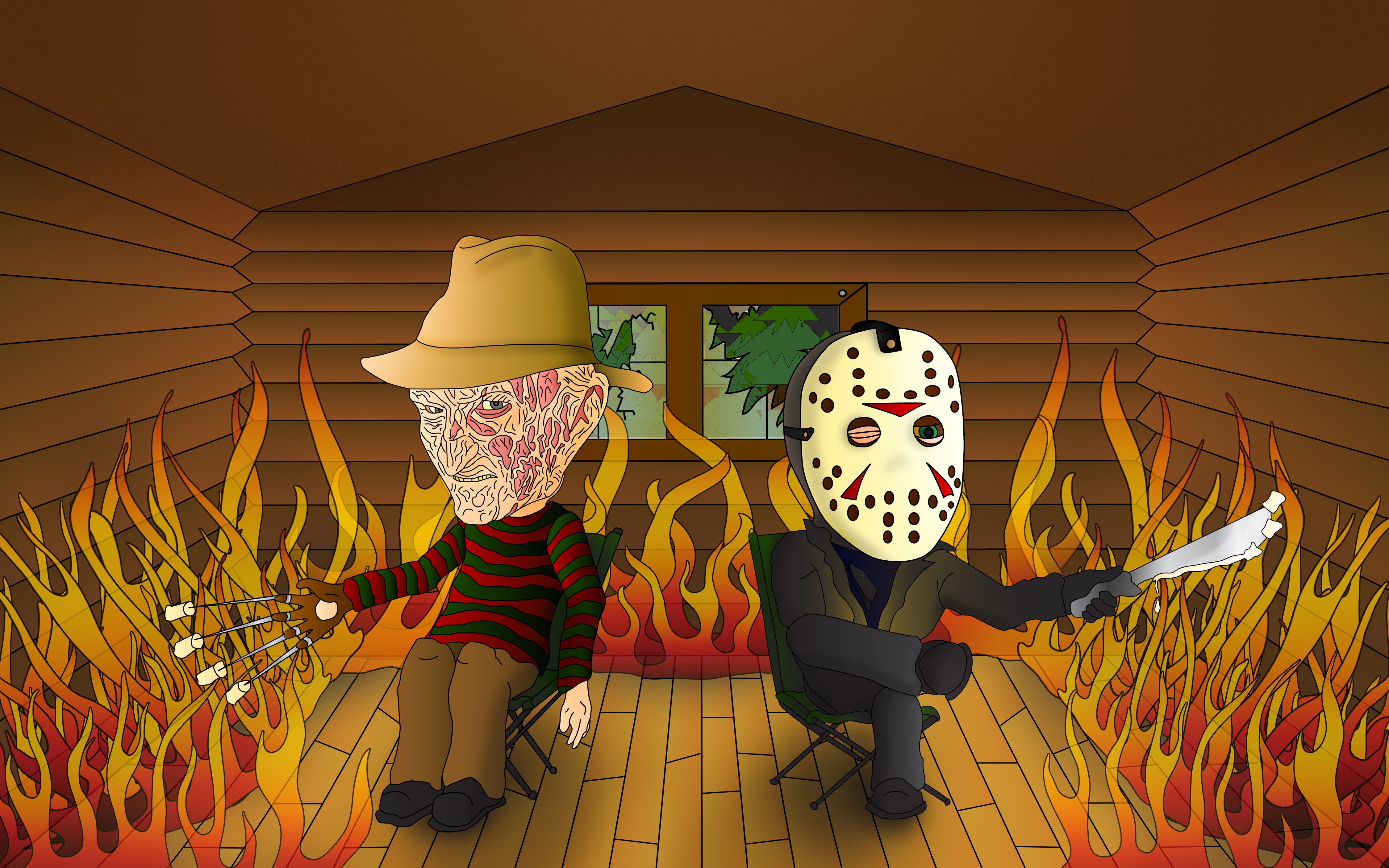 General 4500x2813 artwork Jason Voorhees Freddy Krueger humor fire movie characters cartoon
