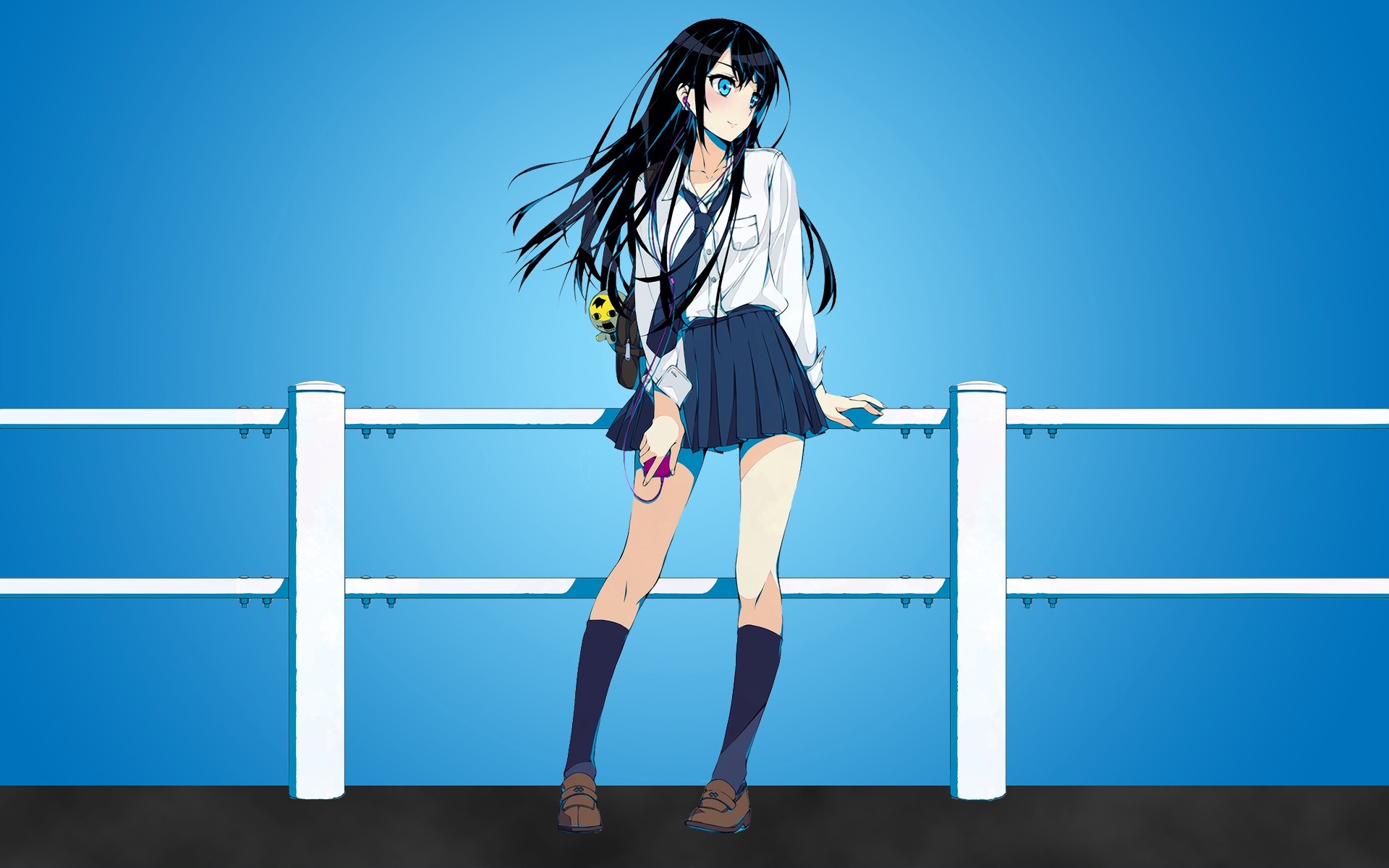 Anime 1920x1200 anime anime girls knee-highs skirt headphones long hair black hair blue eyes