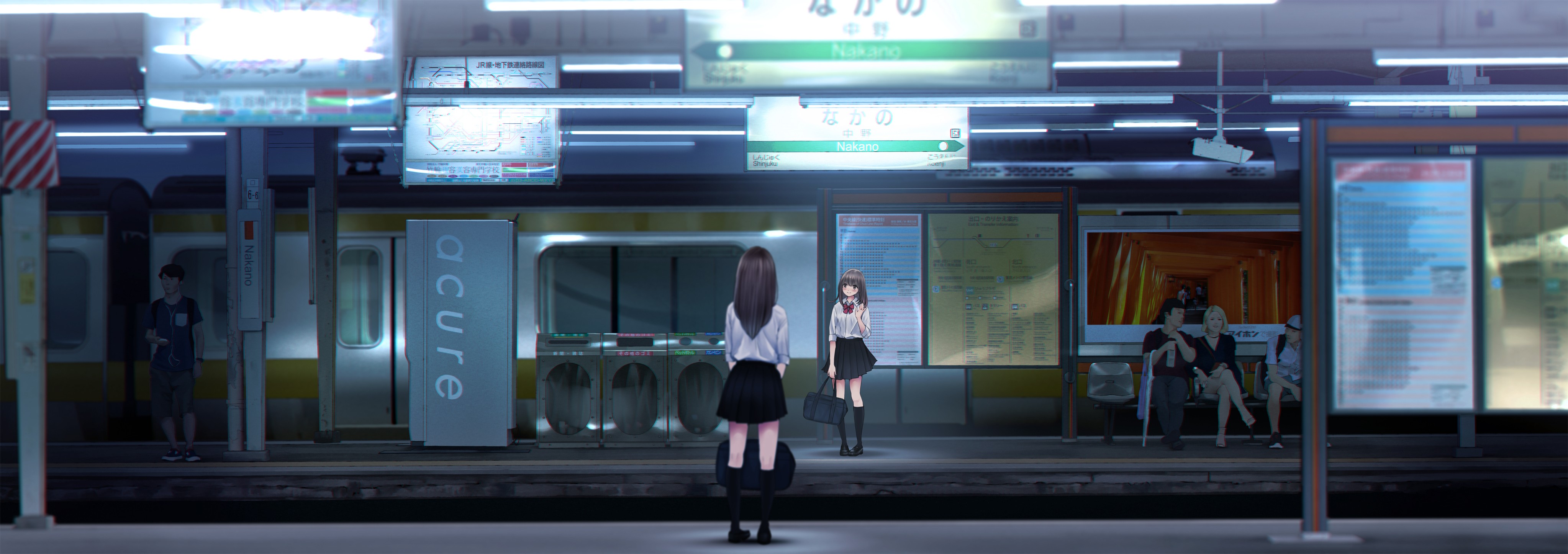 Anime 4093x1447 anime anime girls heels umbrella skirt long hair brunette train station socks black socks  knee high socks