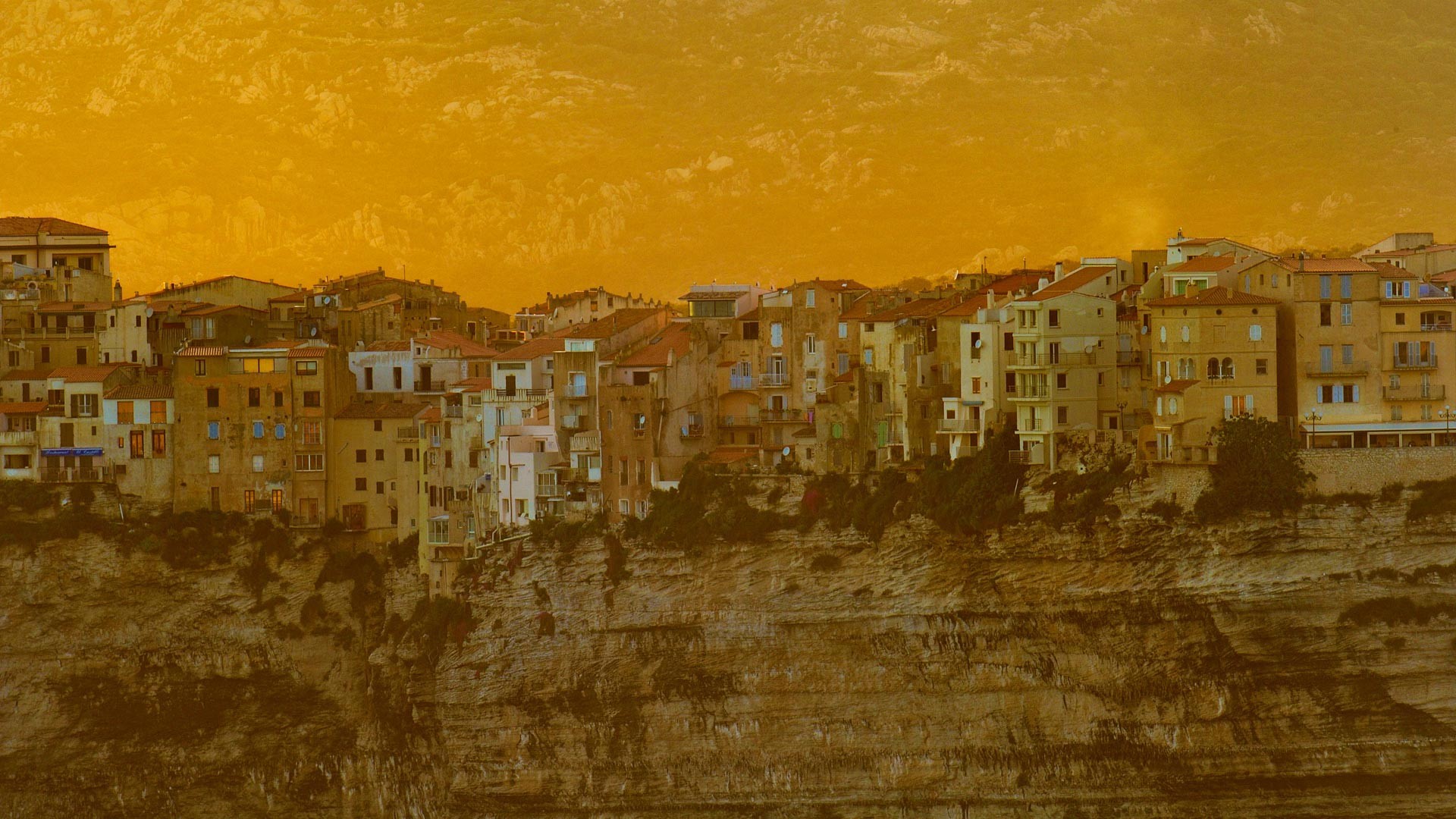 General 1920x1080 architecture building house town Corsica France cliff filter old building trees mountains rocks