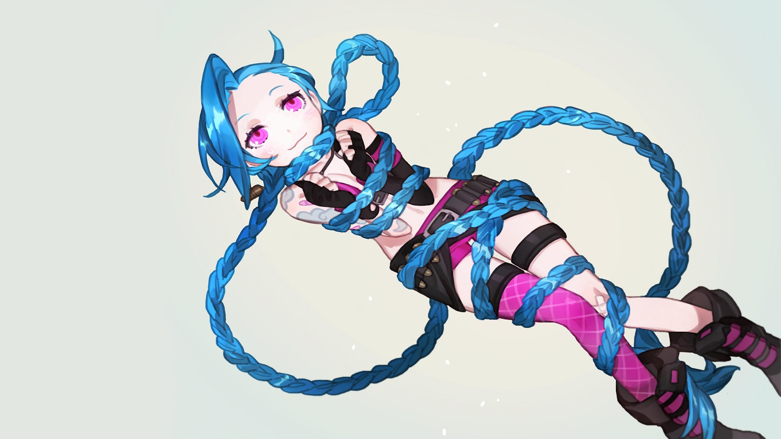 Anime 2560x1440 Jinx (League of Legends) League of Legends blue hair video games missing sock video game characters anime anime girls long hair simple background video game girls