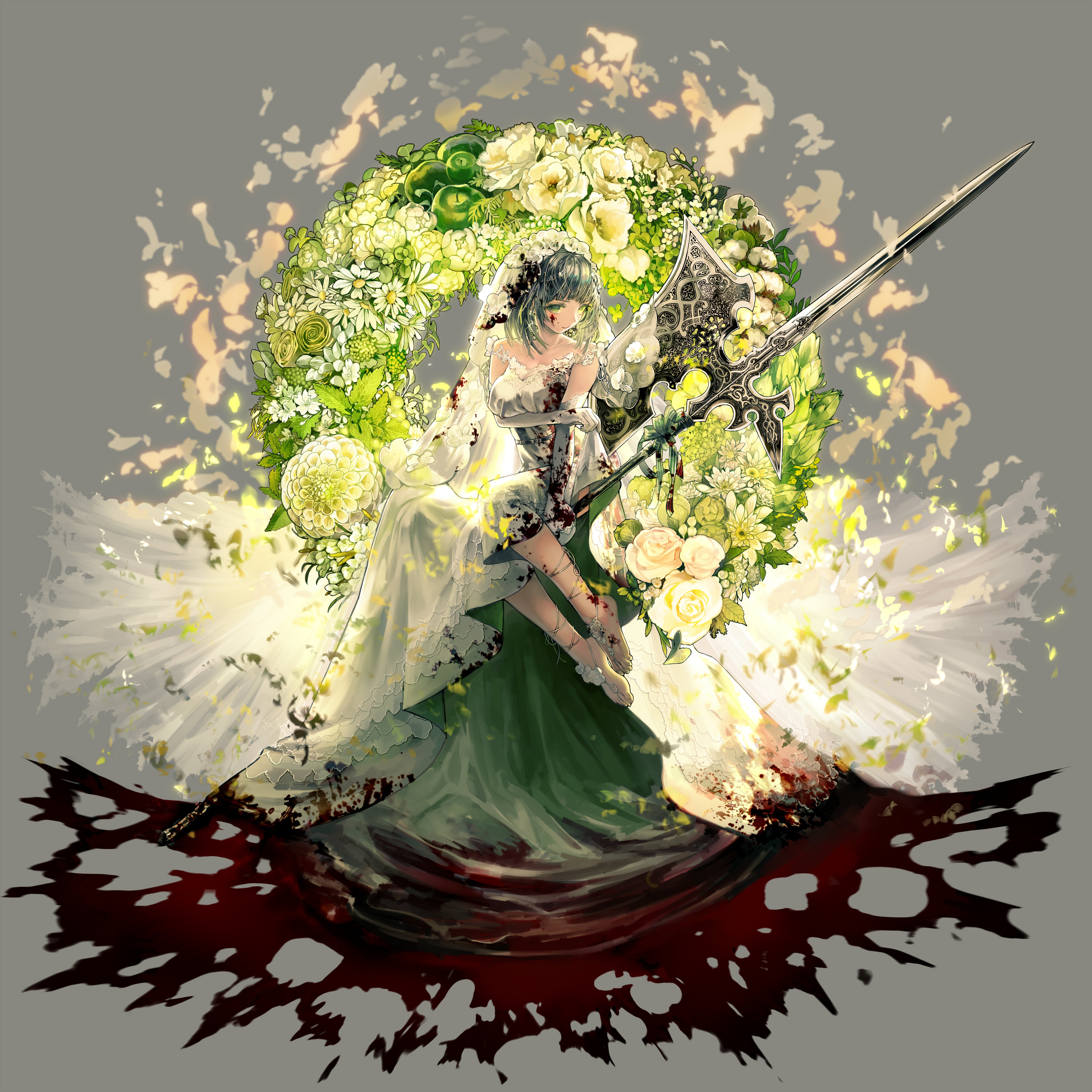 Anime 5477x5477 blood weapon green dress simple background