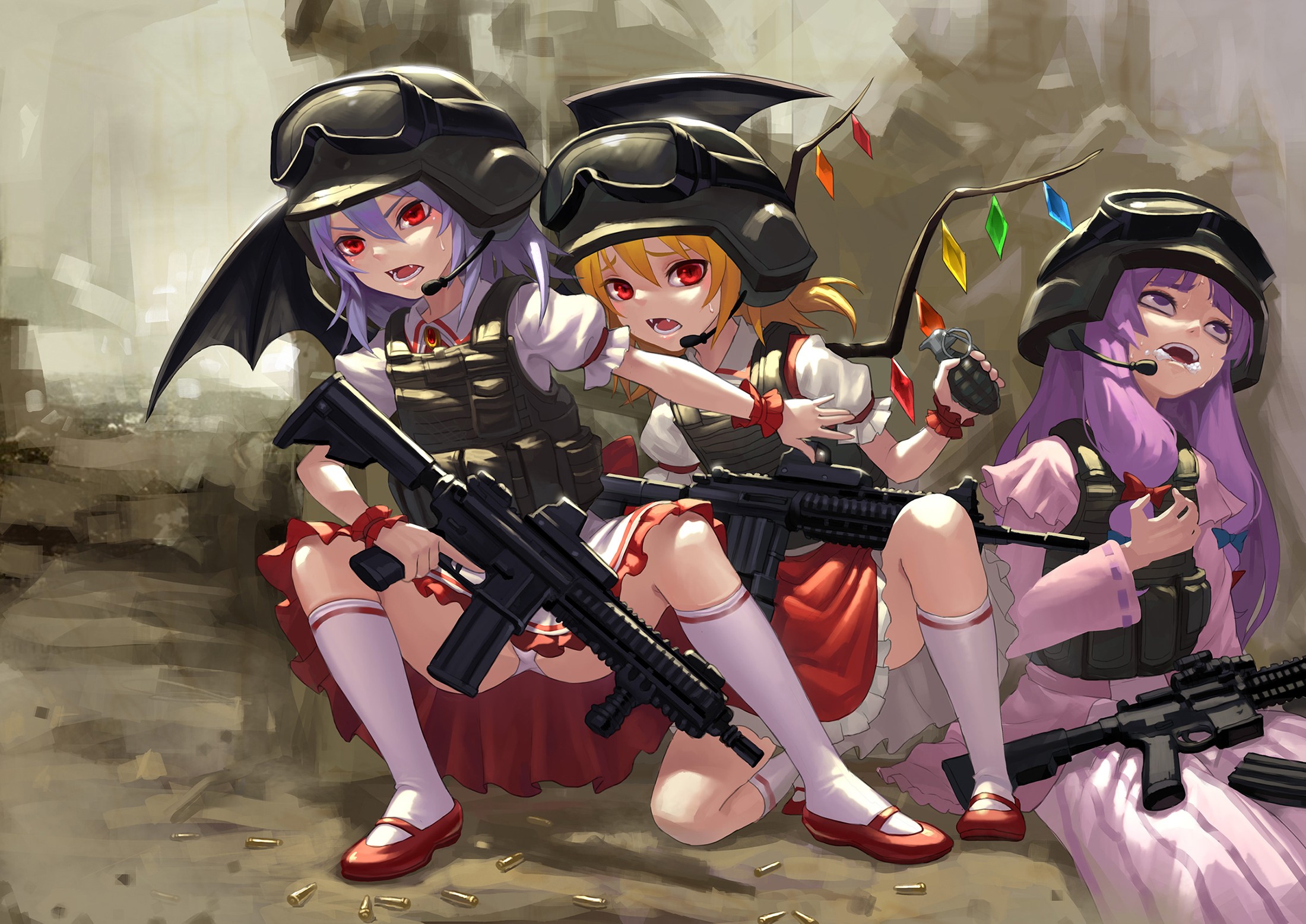 Anime 2200x1557 Flandre Scarlet Patchouli Knowledge Remilia Scarlet Touhou vampires fangs red eyes loli