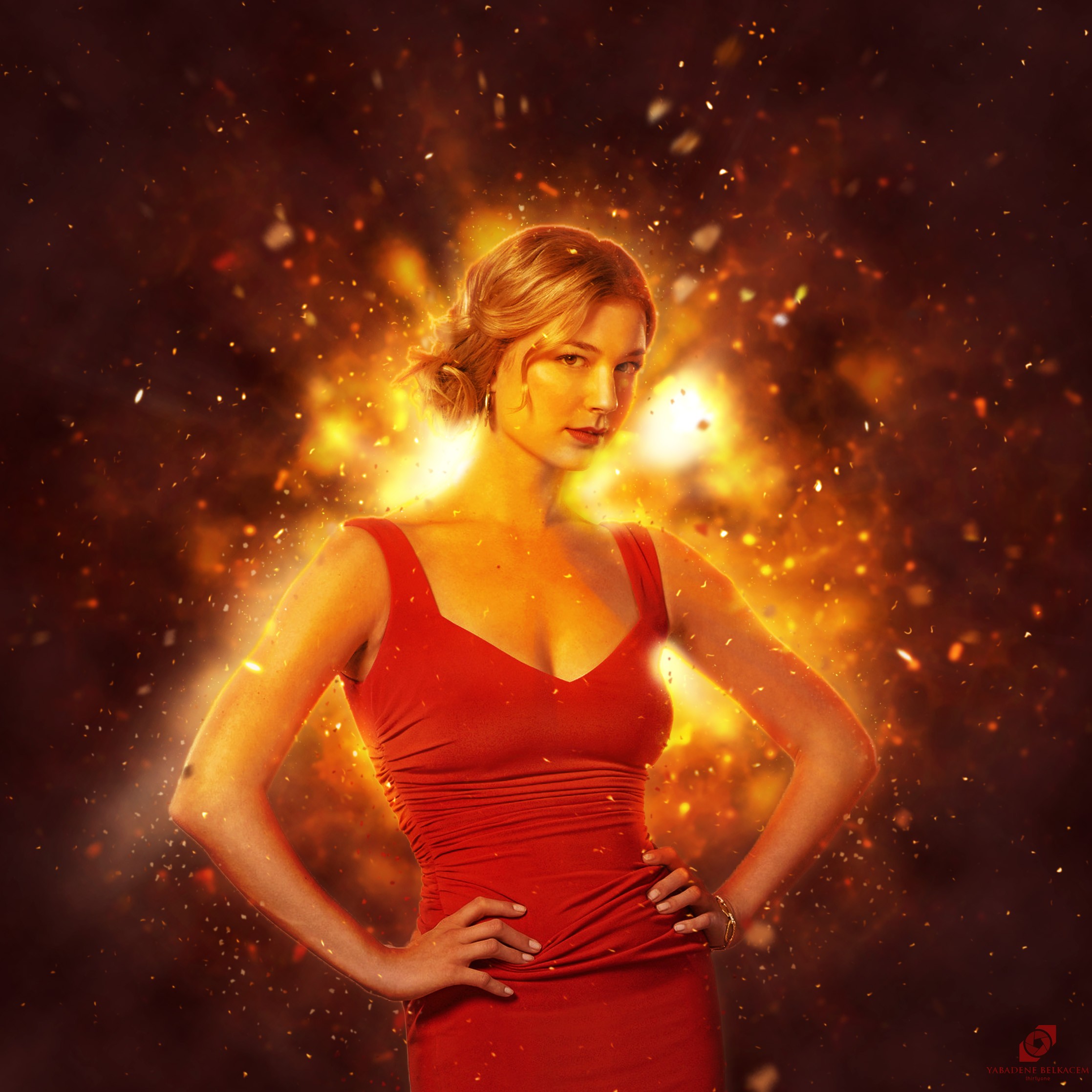 People 2235x2235 Emily Vancamp Hollywood women portrait red movies red dress dress red clothing looking at viewer Canadian women actress photo manipulation watermarked Yabadene Belkacem portrait display