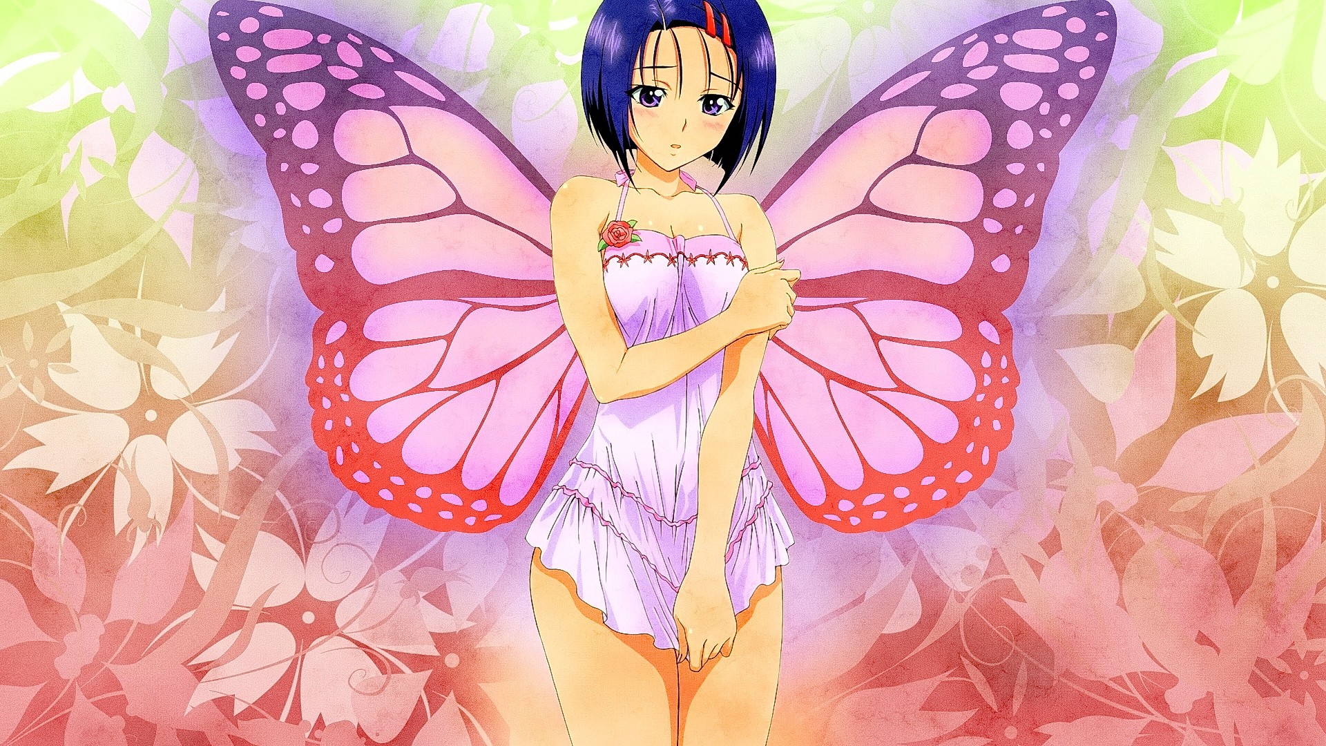 Anime 1920x1080 anime anime girls wings Sairenji Haruna To Love-ru butterfly fantasy art fantasy girl blue hair shoulder length hair nightgown