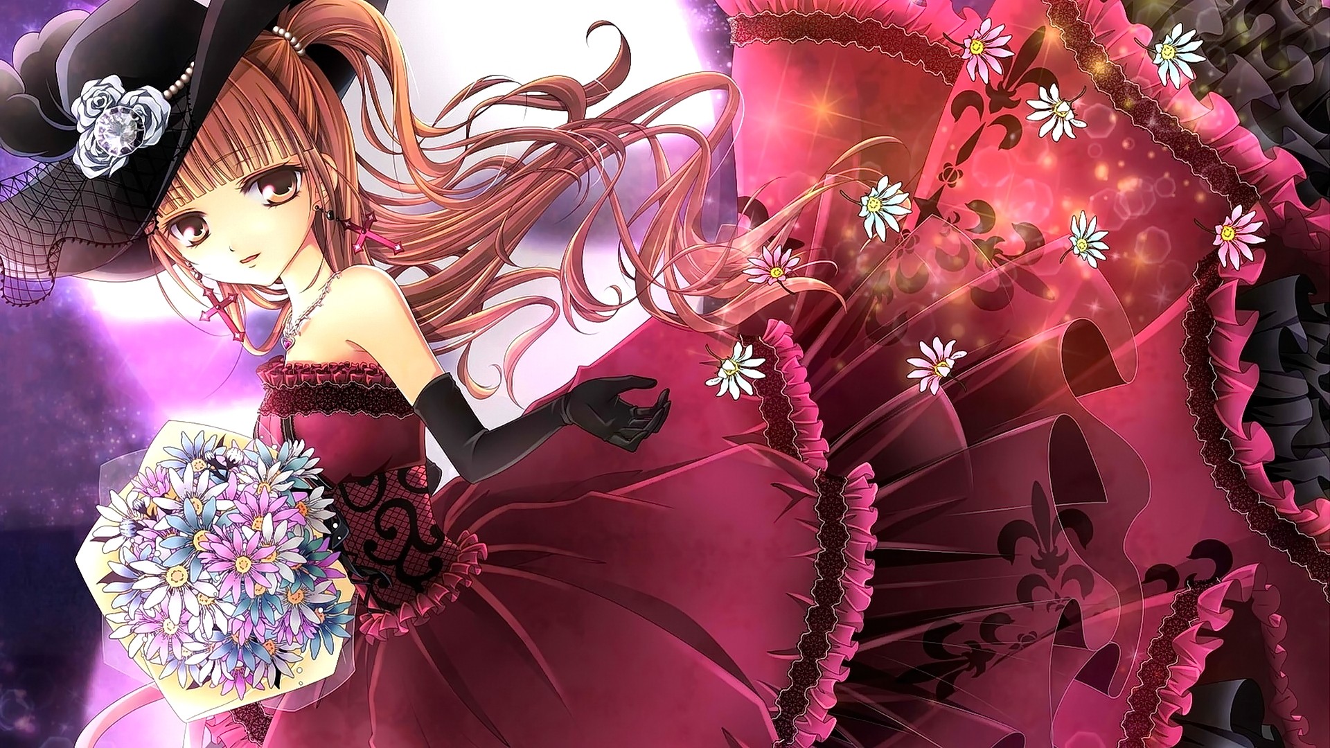 Anime 1920x1080 anime anime girls blonde long hair looking at viewer hat flowers original characters lolita fashion frills women with hats bouquet