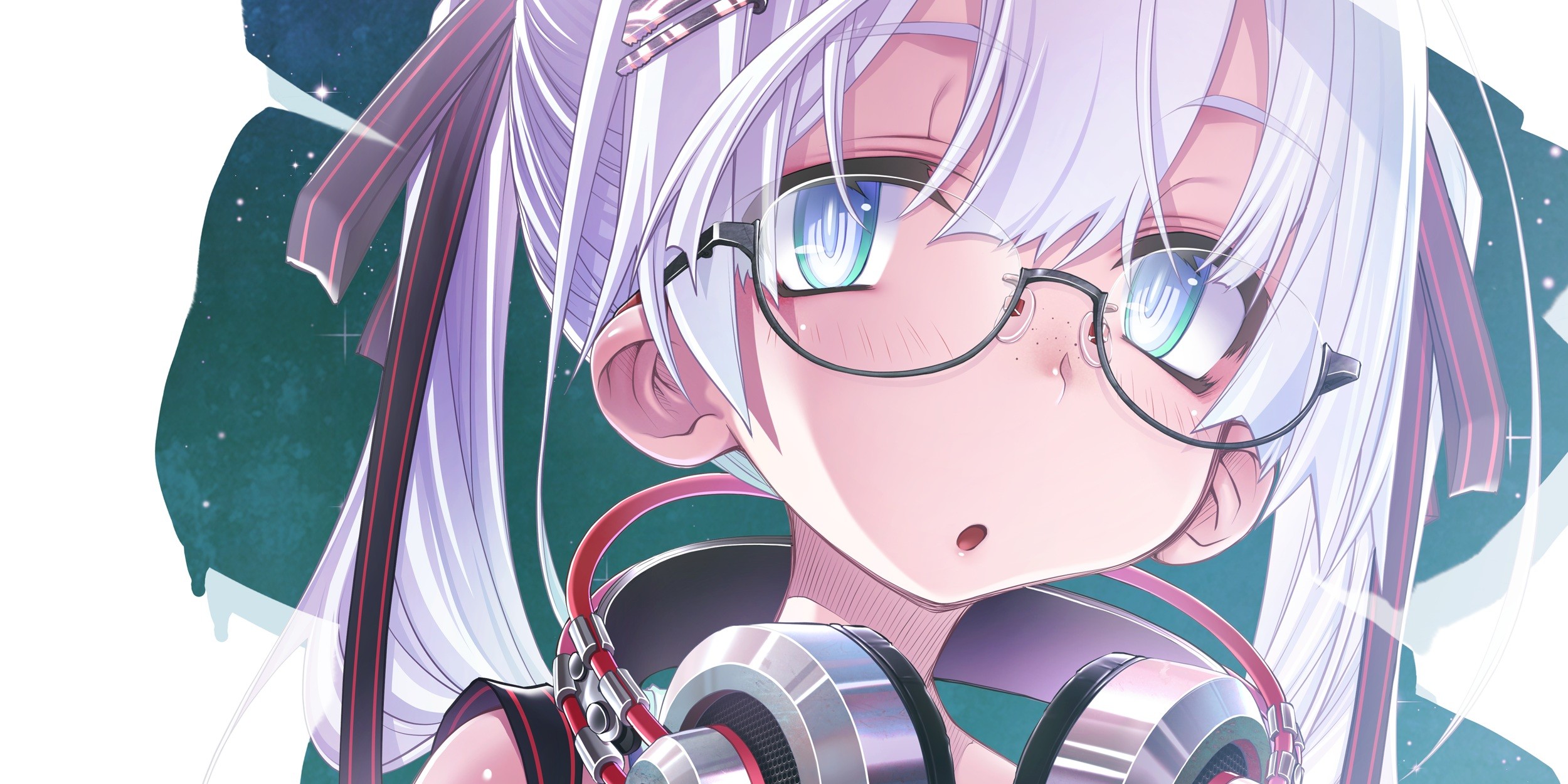 Anime 2500x1250 anime anime girls glasses headphones twintails white hair original characters face closeup women with glasses Pixiv Big Cong