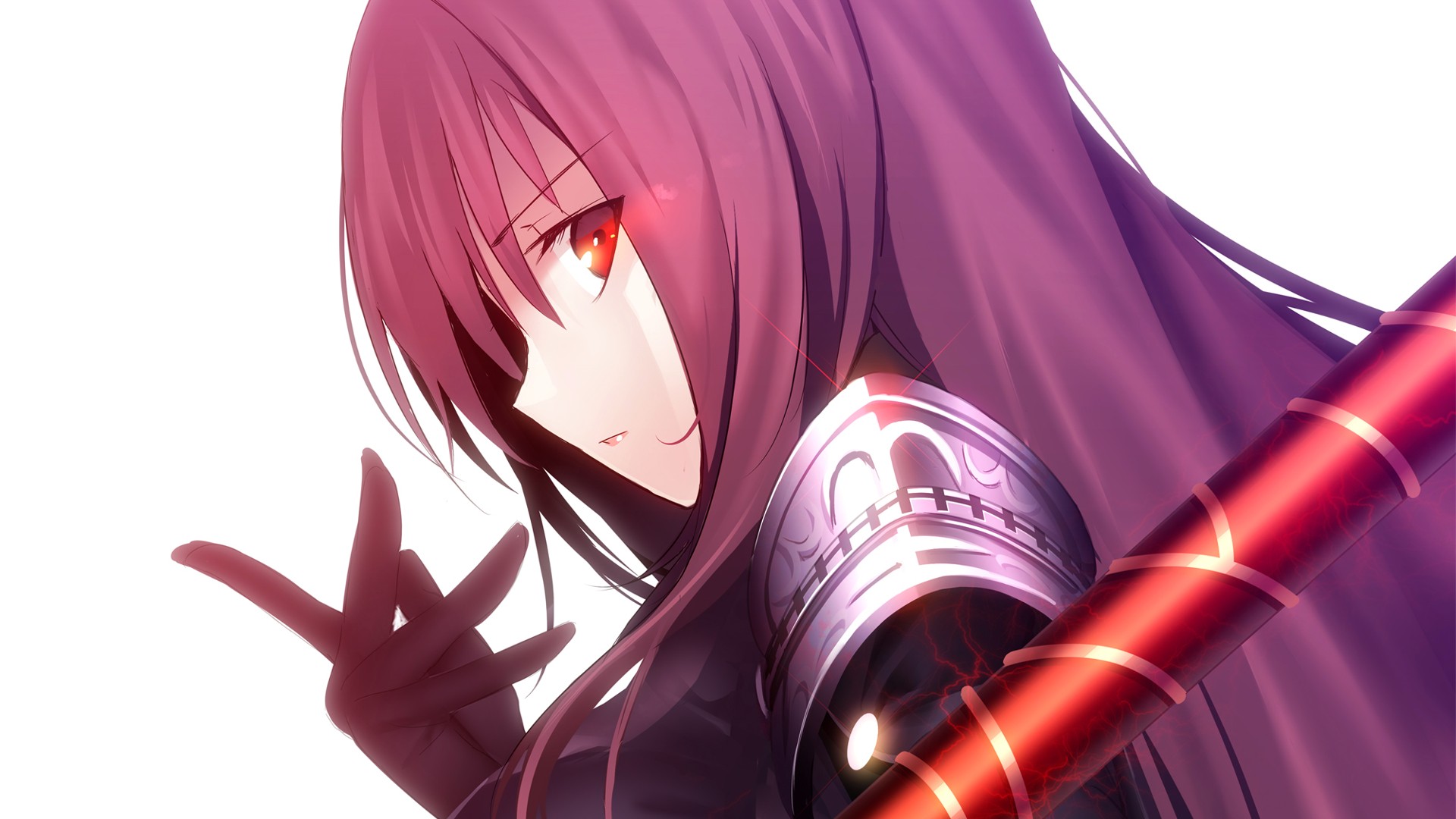 Anime 1920x1080 anime anime girls Fate/Grand Order Scathach purple hair red eyes white background simple background fantasy art women fantasy girl