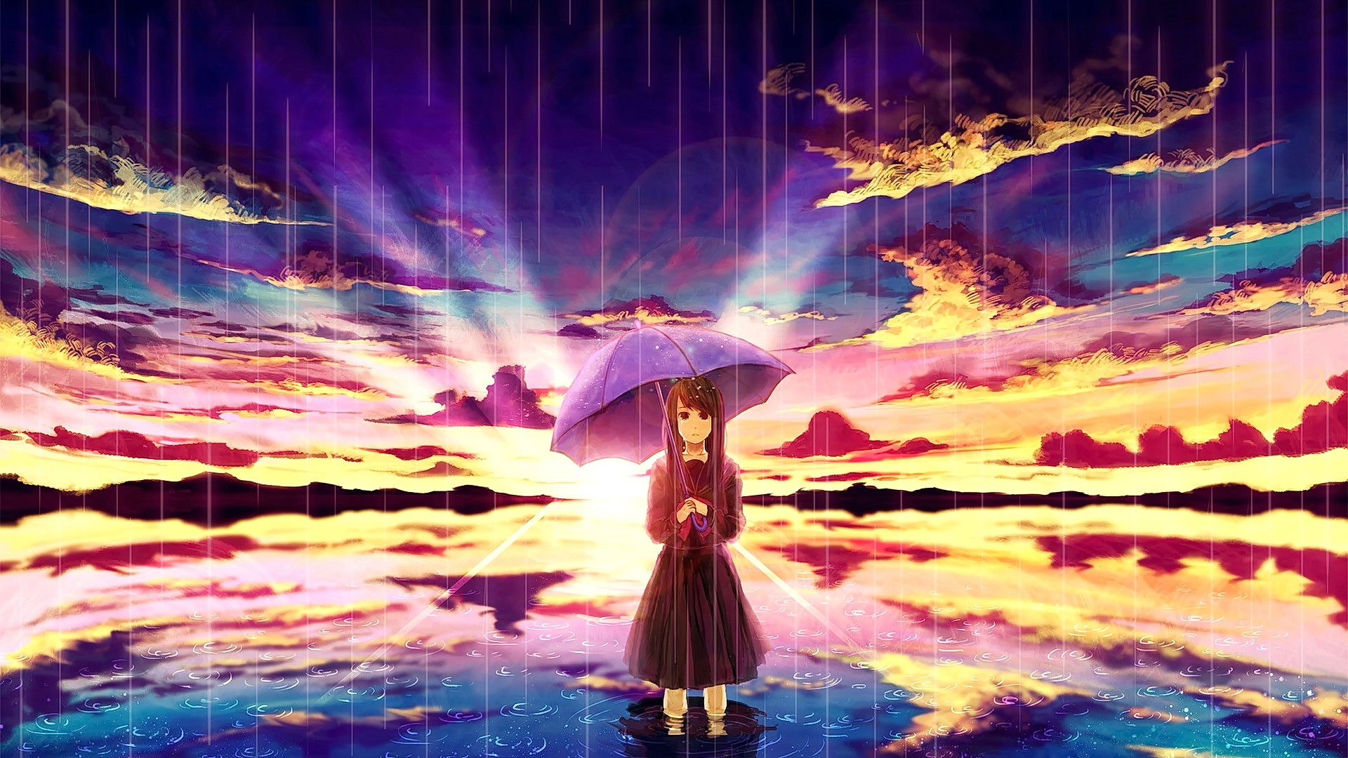Anime 1920x1080 anime anime girls brunette red eyes long hair umbrella sunset water clouds sky sadness crying school uniform looking at viewer original characters women with umbrella women outdoors standing rain