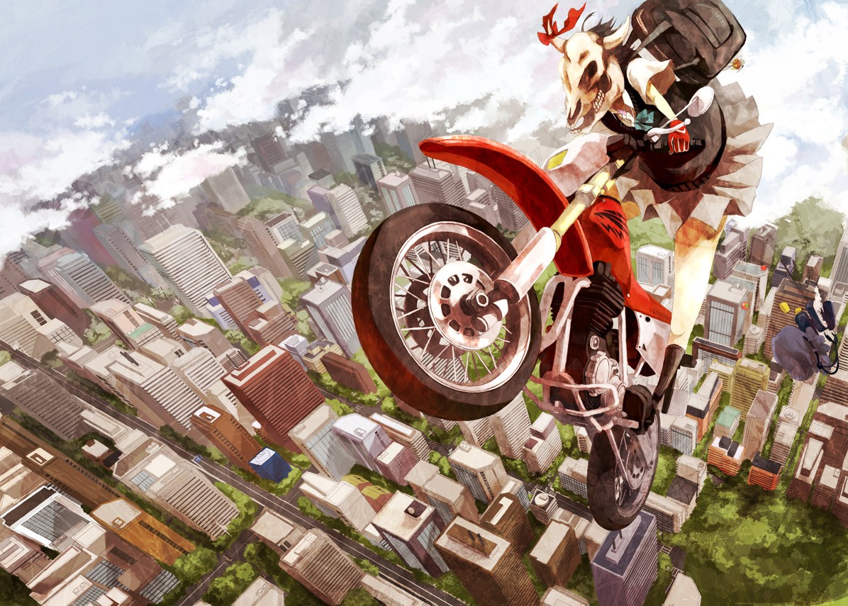Anime 1196x855 dirt bikes vehicle cityscape skull anime anime girls women with motorcycles Red Motorcycles skirt motorcycle