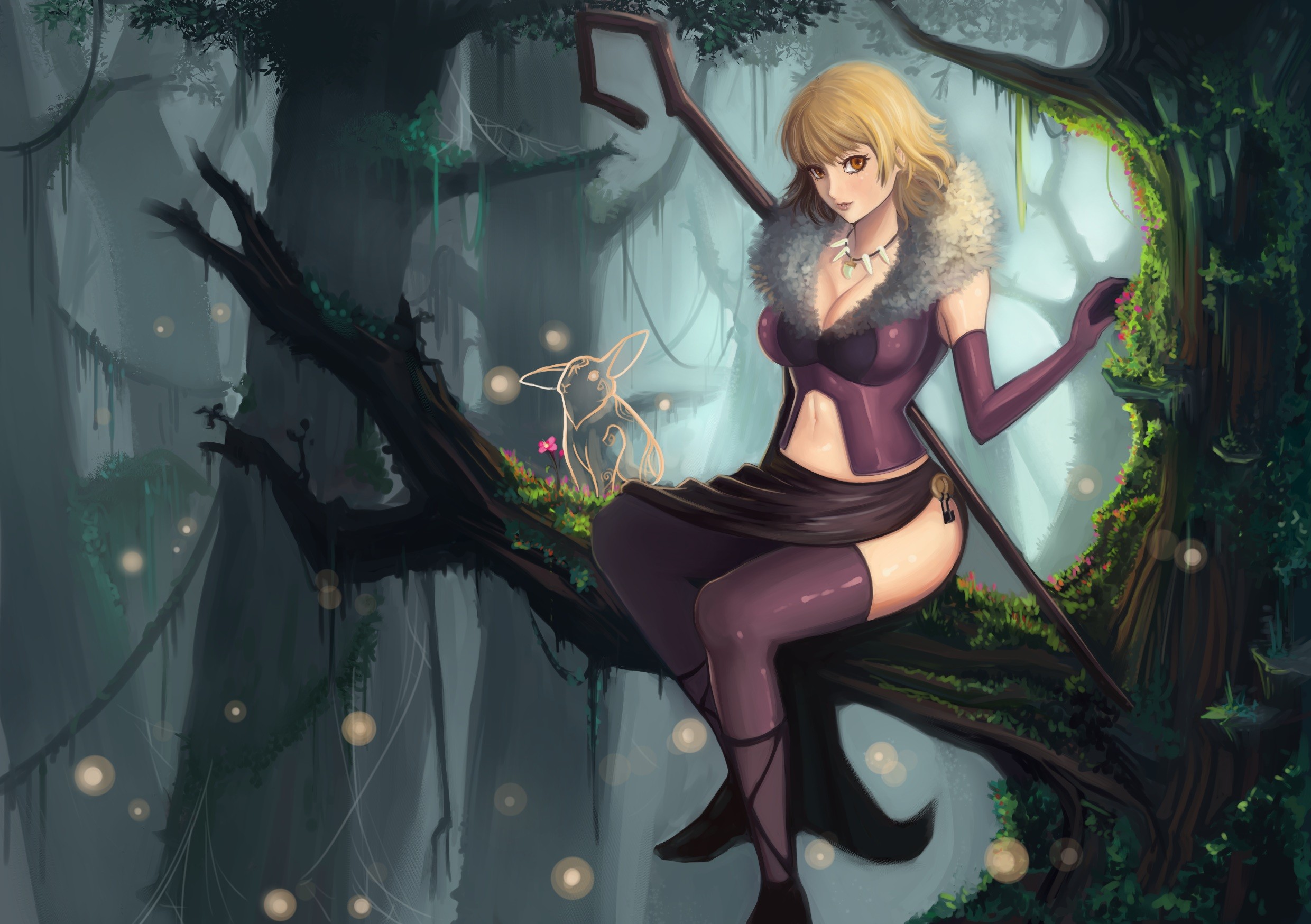 Anime 2480x1748 anime anime girls blonde cleavage belly button fantasy art fantasy girl Pixiv sitting