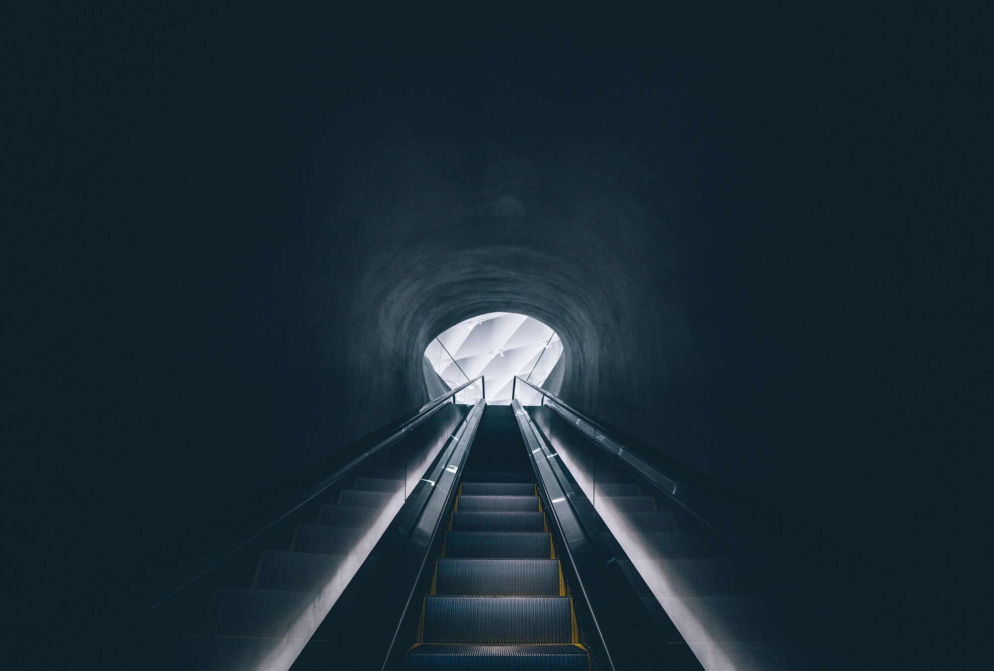 General 2000x1351 escalator vignette Los Angeles museum symmetry tunnel dark