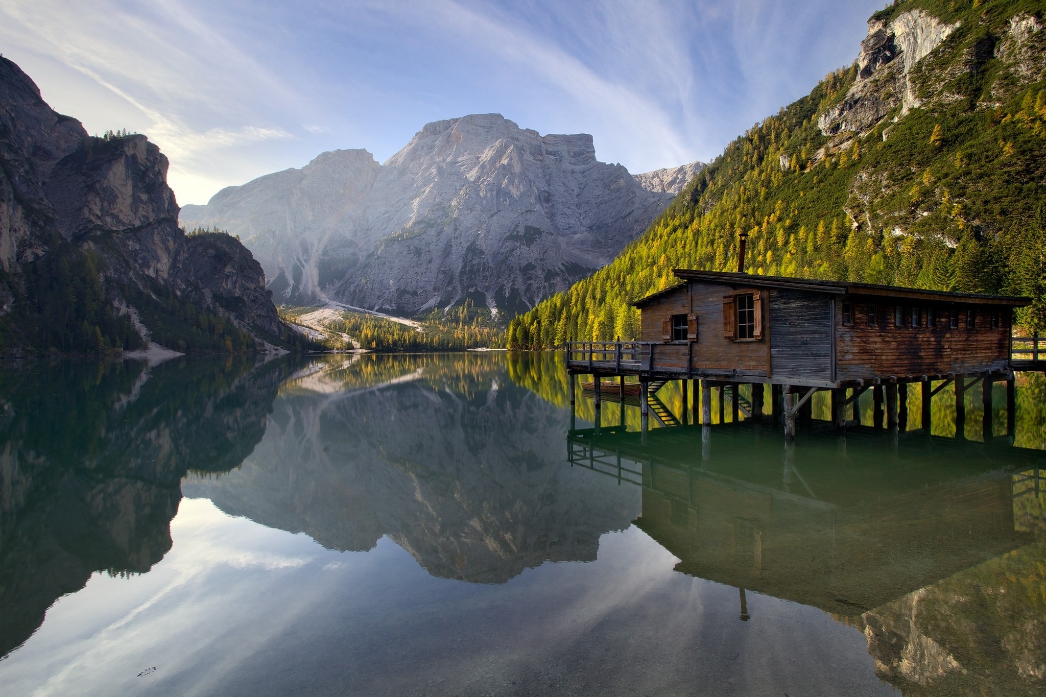 General 2048x1365 nature landscape photography lake mountains water cabin forest reflection Italy Pragser Wildsee
