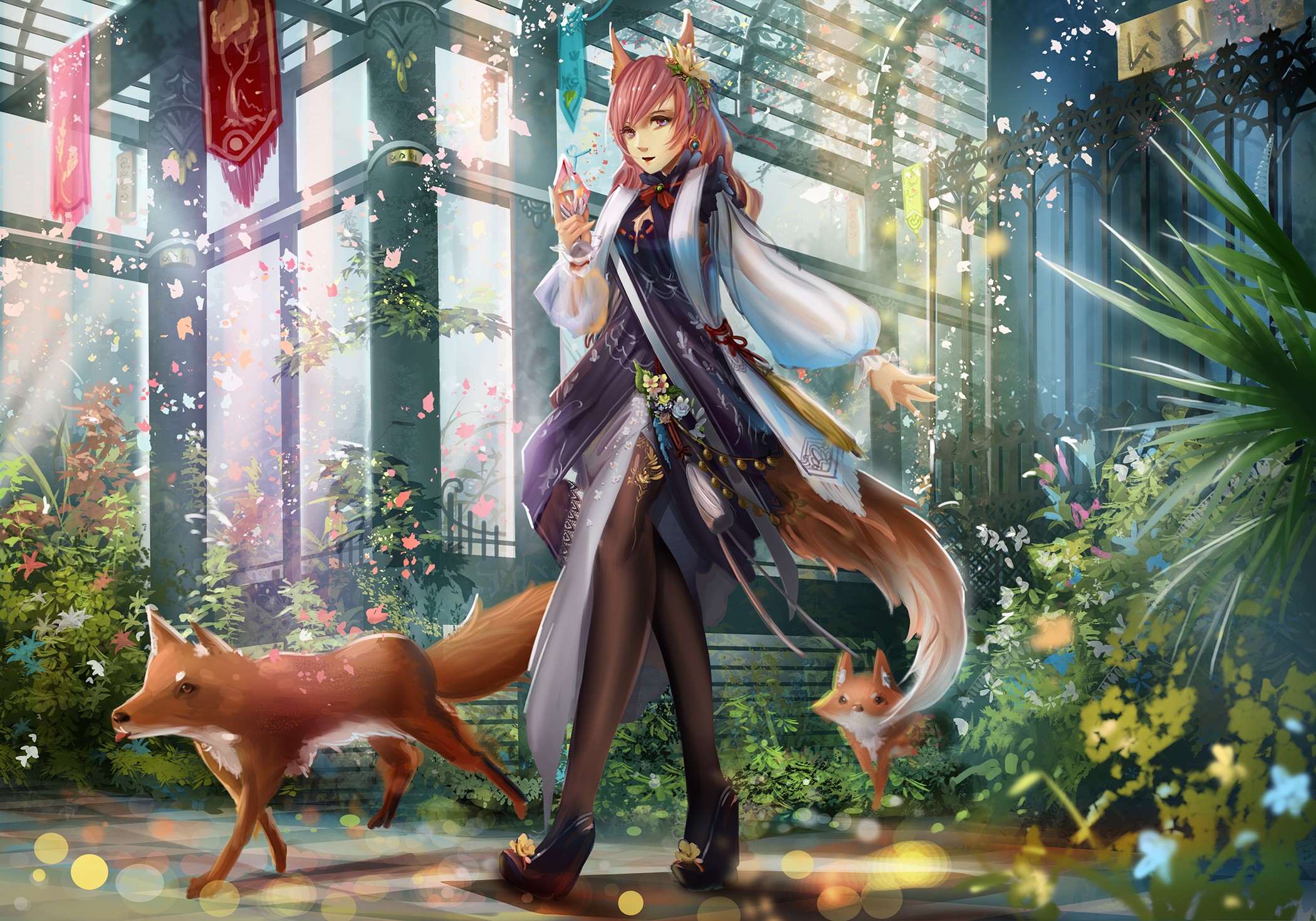 Anime 2100x1470 anime anime girls fox fox girl original characters women fantasy art fantasy girl animals mammals flowers animal ears tail