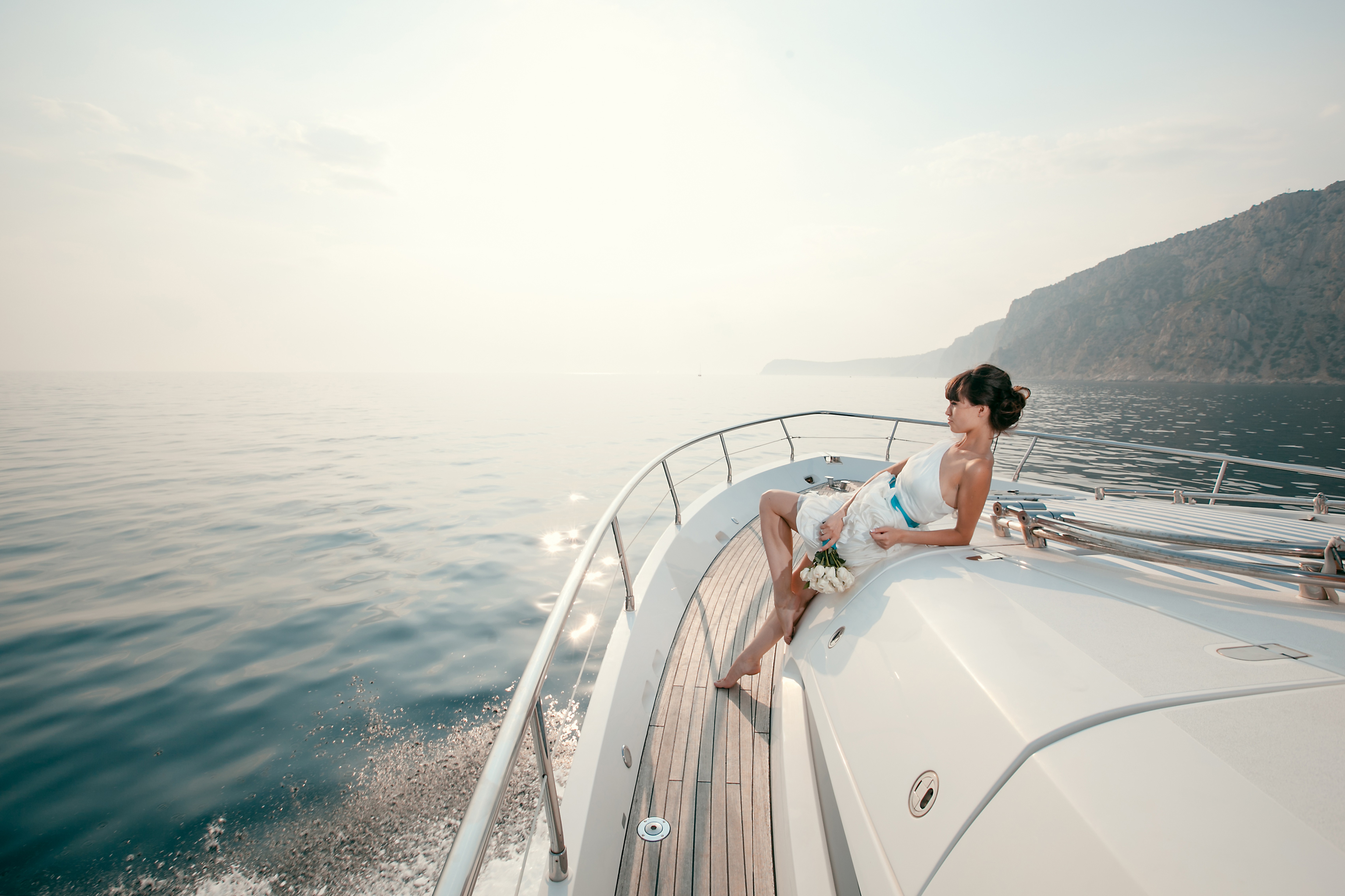 People 6810x4540 women women with boats brunette white dress barefoot bouquets looking into the distance sea bare shoulders yacht vehicle sky model women outdoors water