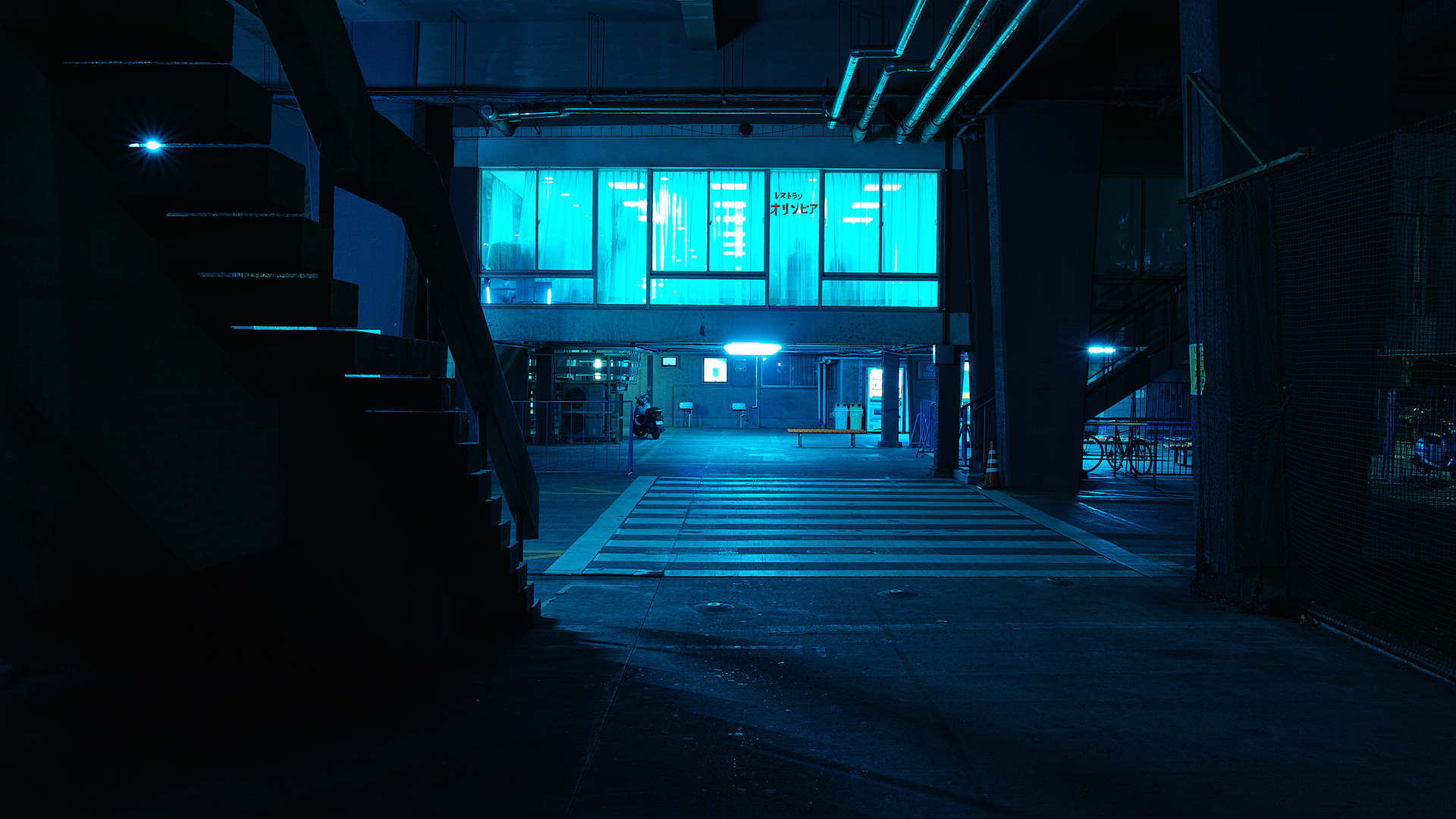 General 1920x1080 neon night street urban dark cyan photography Japan stairs building Japanese crosswalk