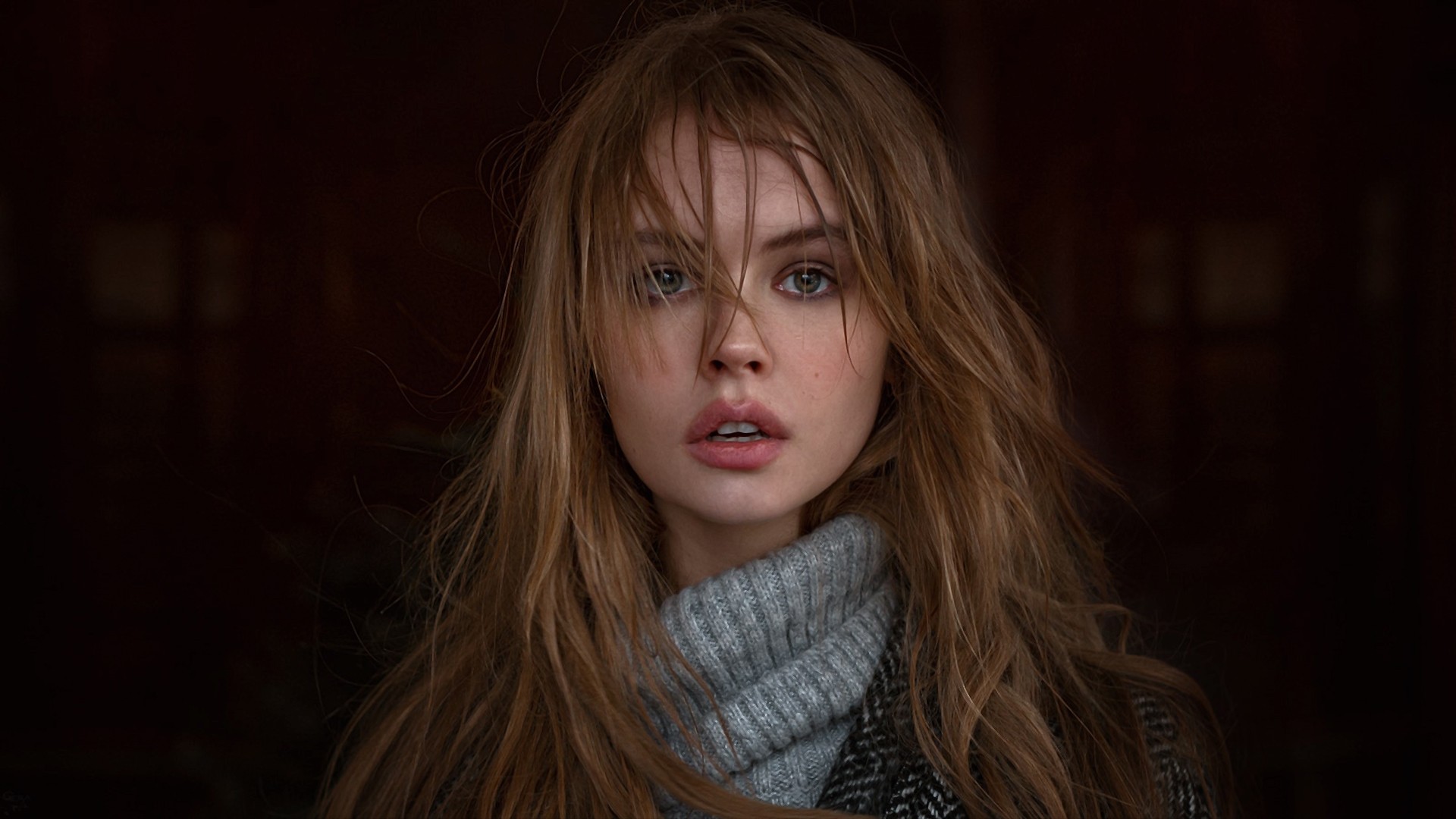 People 1920x1080 Anastasia Scheglova blonde face portrait simple background women model coats long hair hair in face depth of field messy hair parted lips sweater studio knit fabric