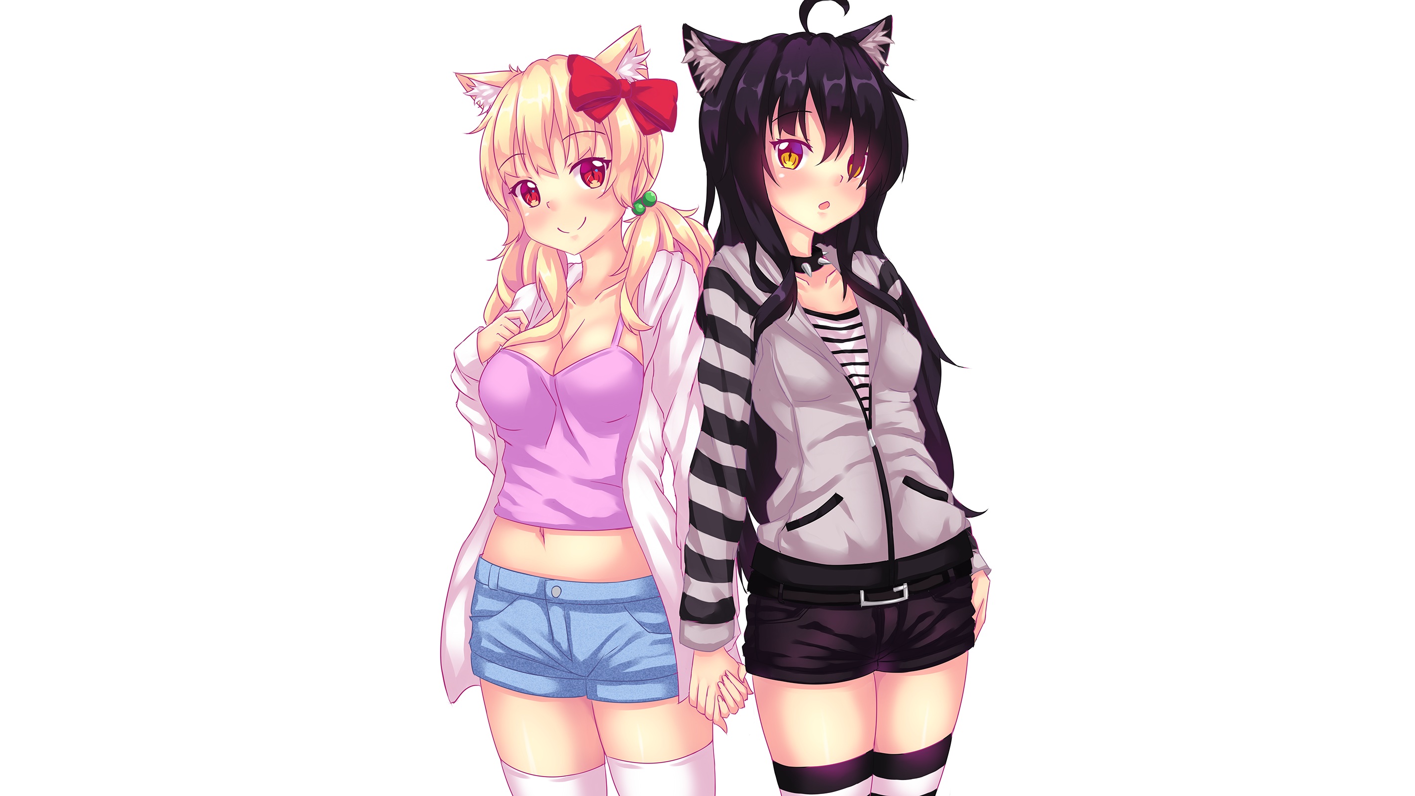 Anime 2844x1600 white background black hair blonde blushing hair bows cat girl choker hoods long hair Naala belly button red eyes shorts thigh-highs twintails animal ears fast-runner-2024