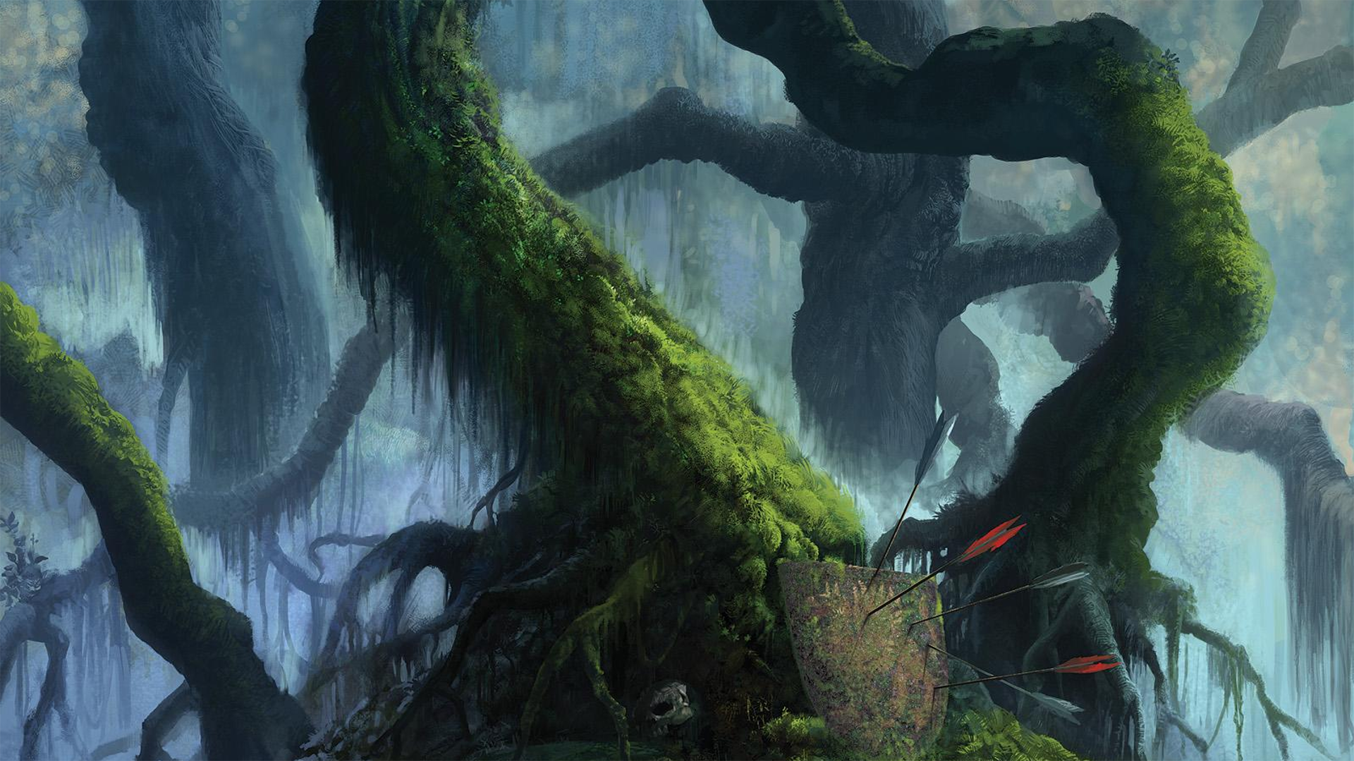 General 1920x1080 fantasy art nature trees forest arrows moss mist branch skull