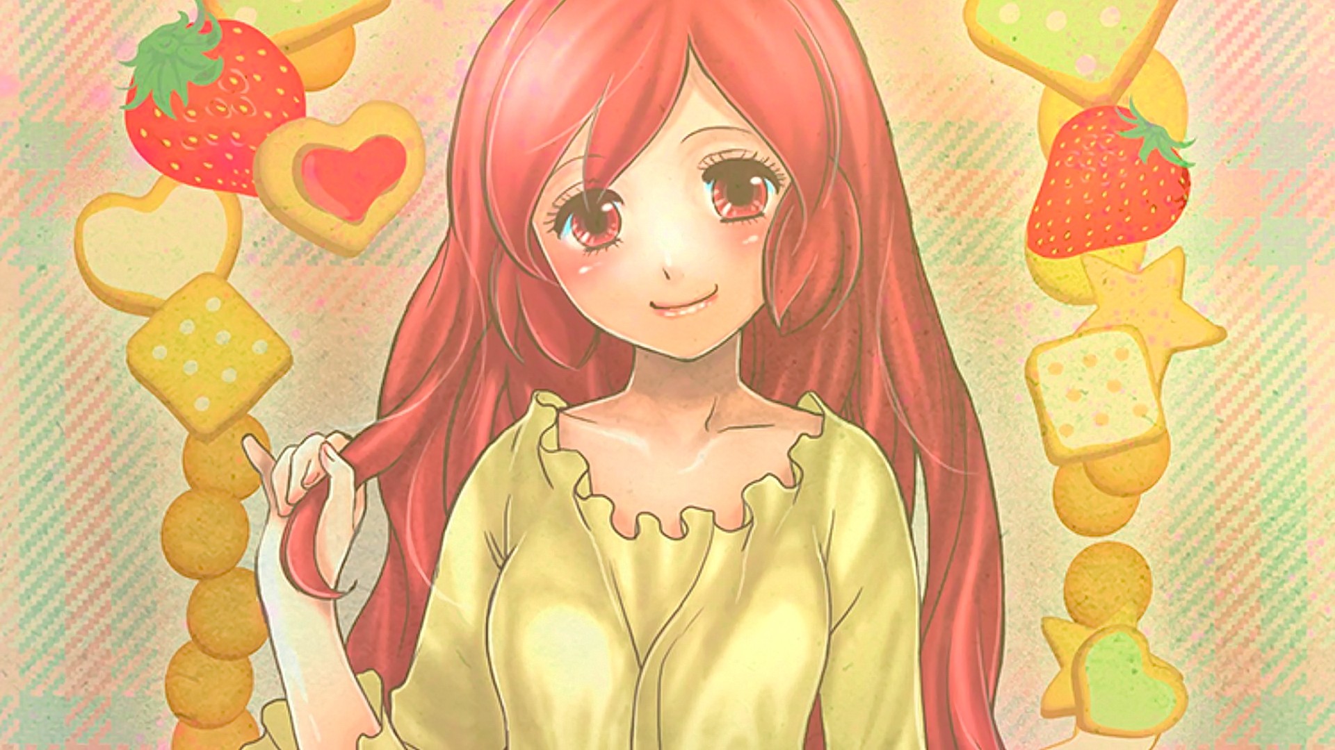 Anime 1920x1080 anime anime girls cookies strawberries redhead red eyes long hair Serara Log Horizon food fruit cake smiling yellow clothing