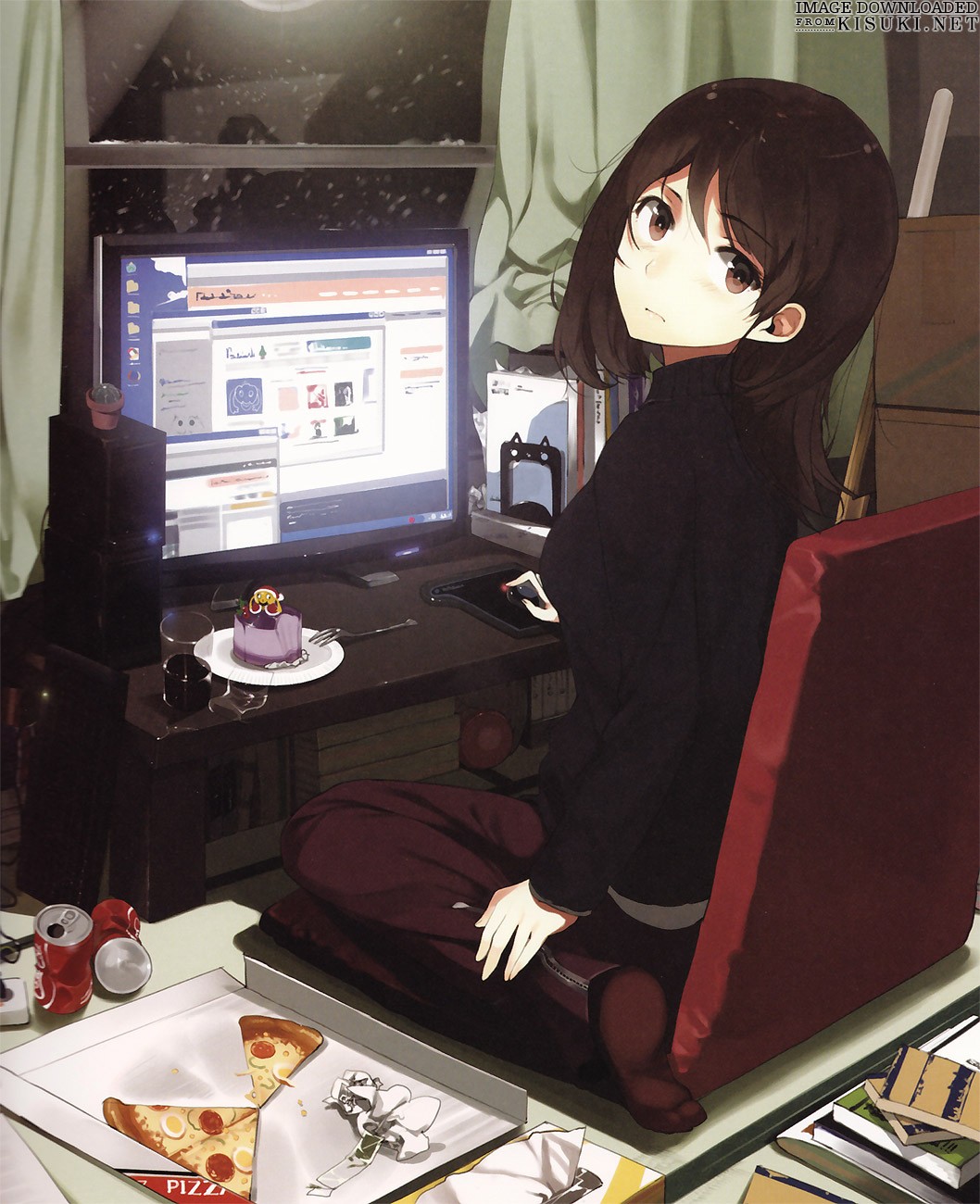 Anime 1058x1300 anime computer video game girls calm desk anime girls pizza women indoors food can cake fork looking at viewer indoors brunette