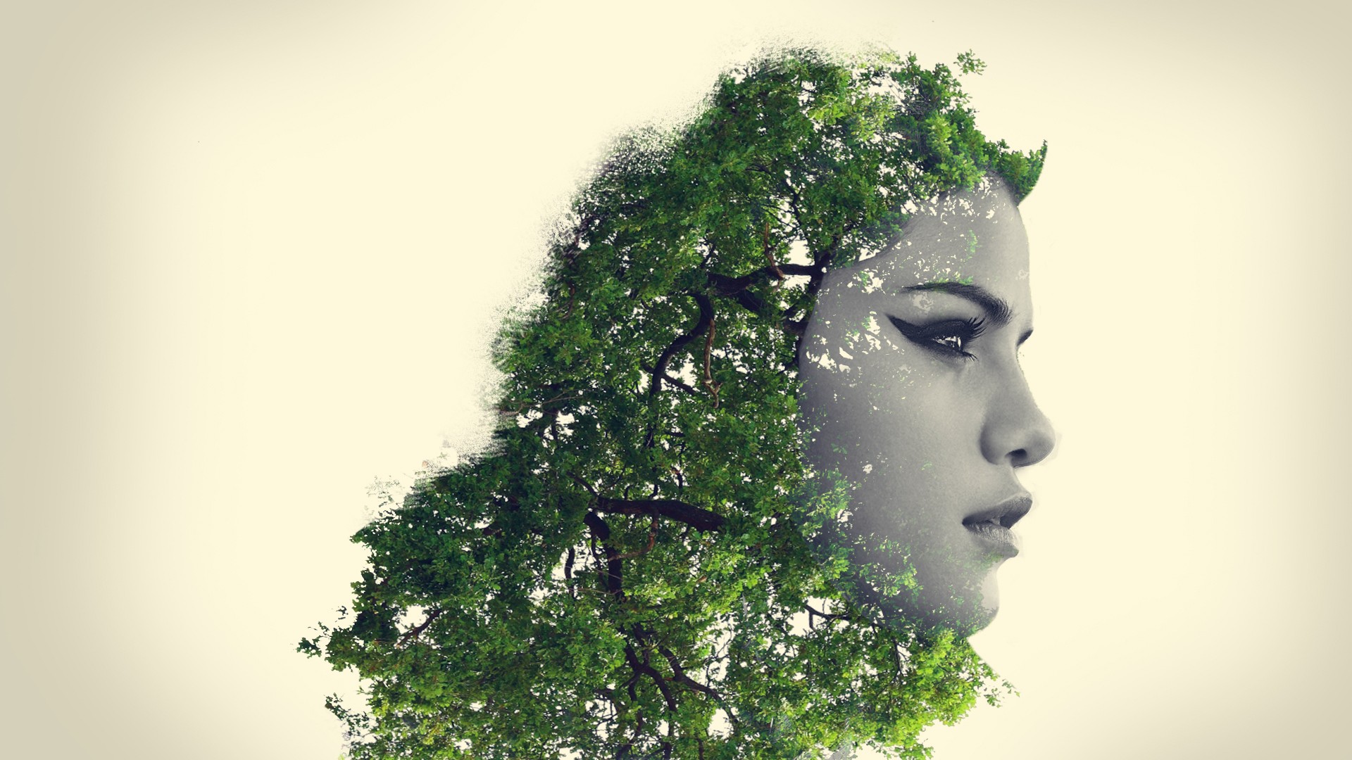 General 1920x1080 digital art trees photoshopped face double exposure green foliage women profile white background simple background plants