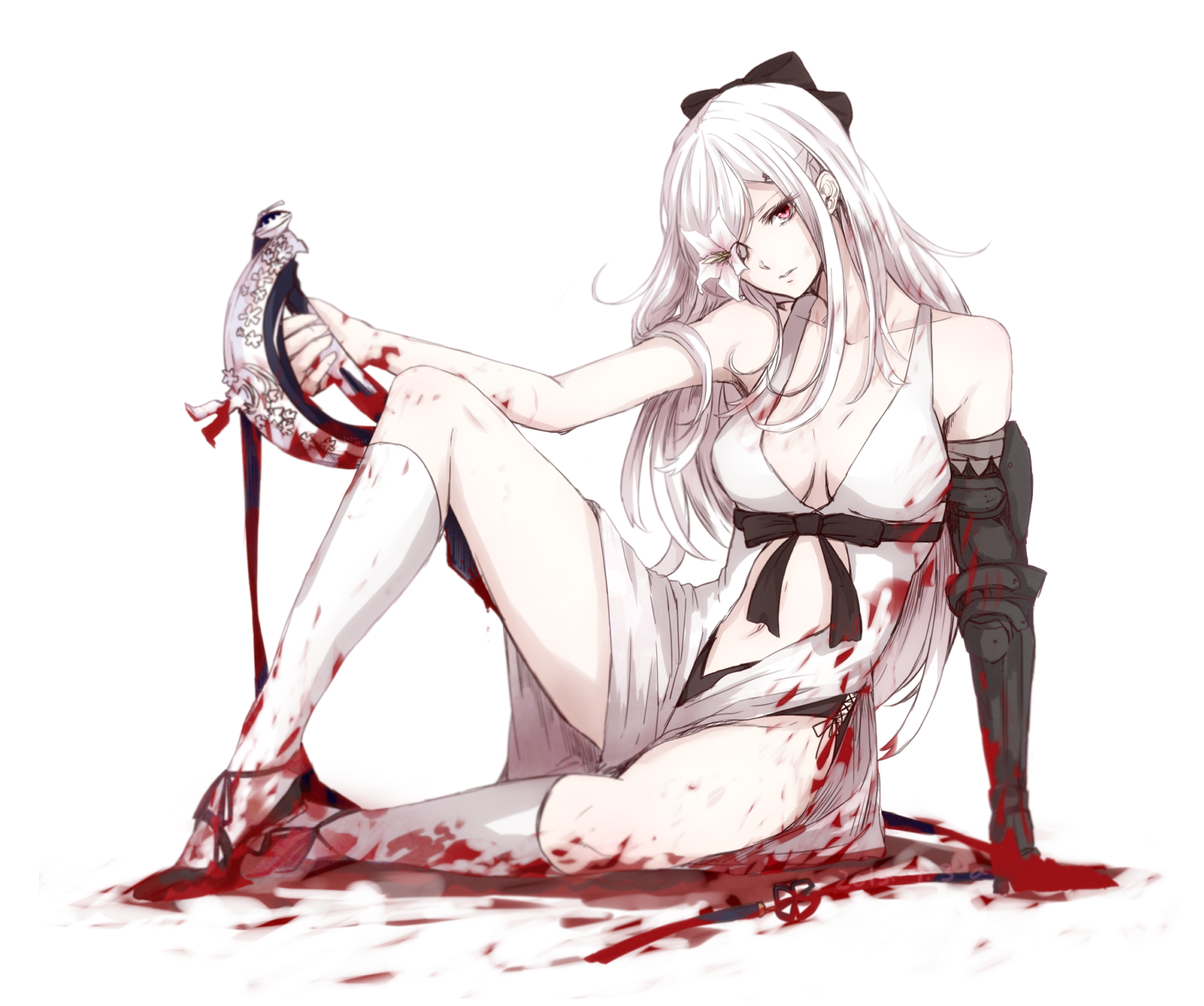 Anime 1796x1500 Drakengard looking at viewer red eyes silver hair gauntlets flowers weapon sword blood cleavage anime girls thighs fantasy art fantasy girl white background simple background long hair