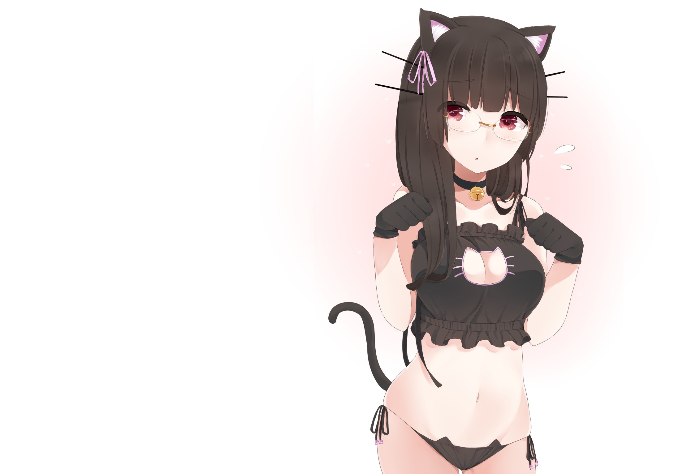 Anime 2220x1532 anime anime girls long hair cat girl Kantai Collection Choukai (KanColle) cat keyhole bra glasses boobs belly tail fist animal ears simple background Pixiv women with glasses lingerie