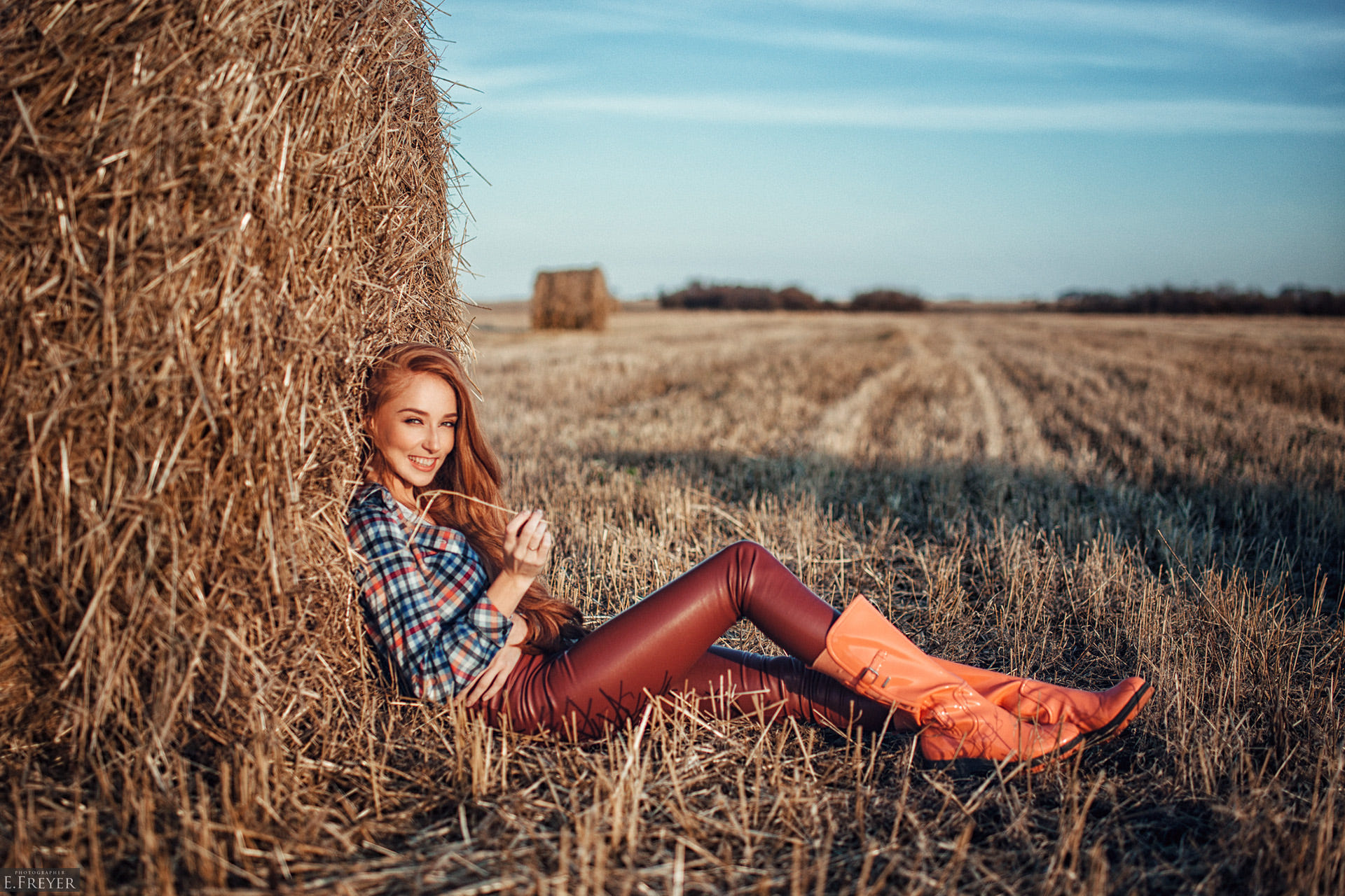 People 1920x1280 women redhead hay women outdoors leather pants  boots shirt haystacks field Evgeny Freyer plaid shirt hay bales brown pants tight pants watermarked