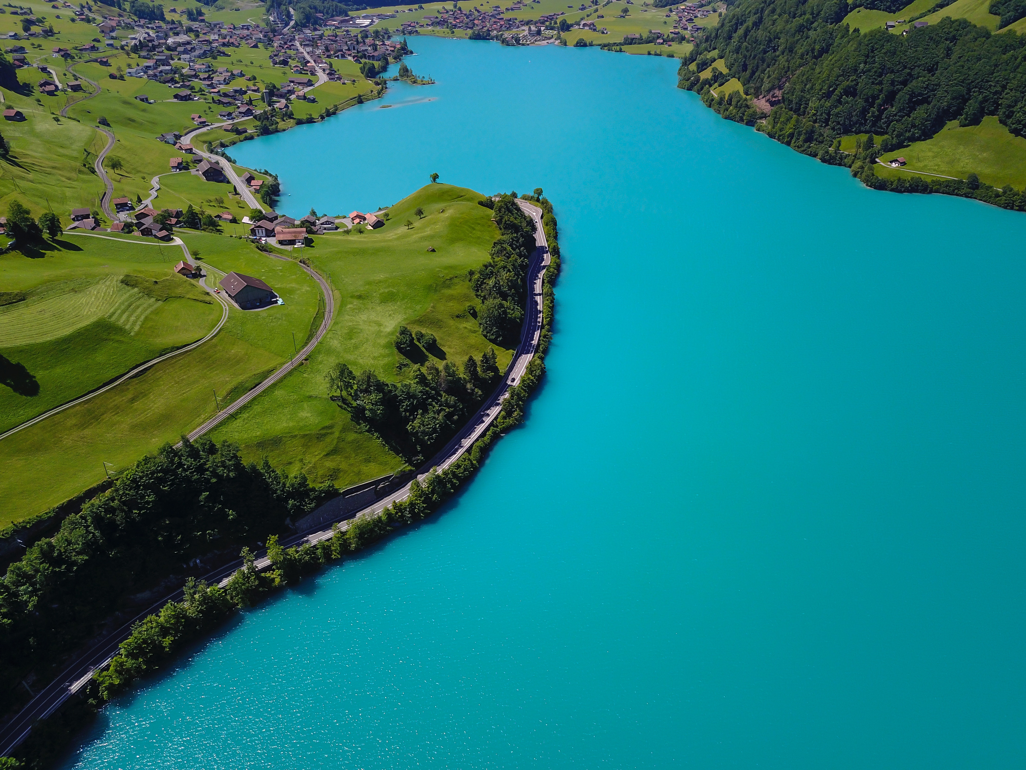 General 4000x3000 Switzerland blue water road trees lake aerial view turquoise