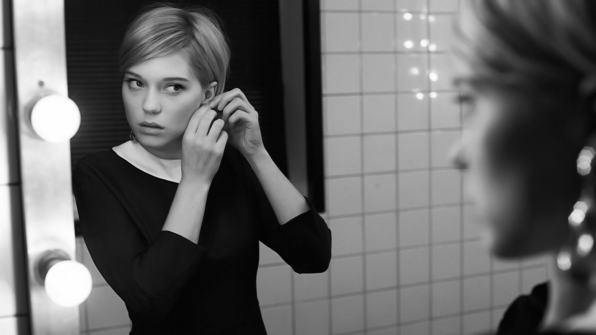 People 1920x1080 actress French actress Léa Seydoux monochrome women French women model mirror reflection women indoors indoors