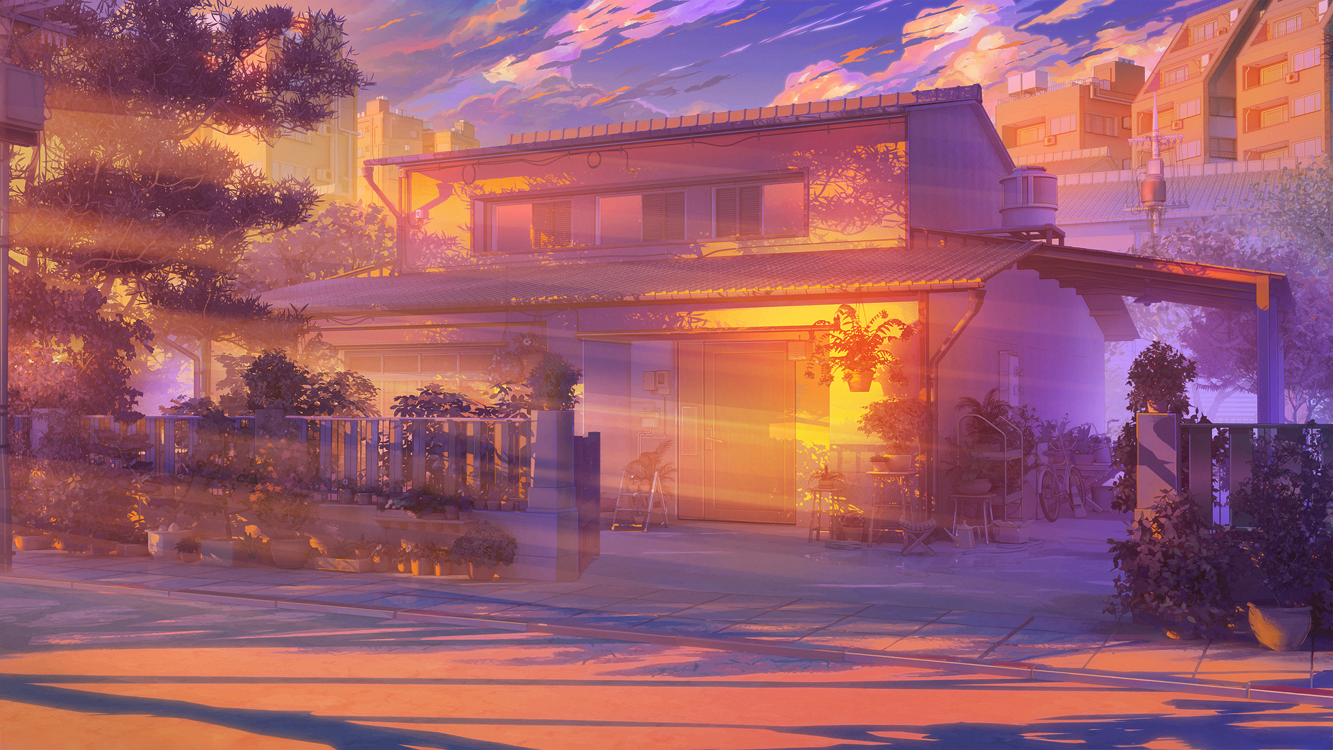 Anime 1920x1080 sun rays house anime urban city