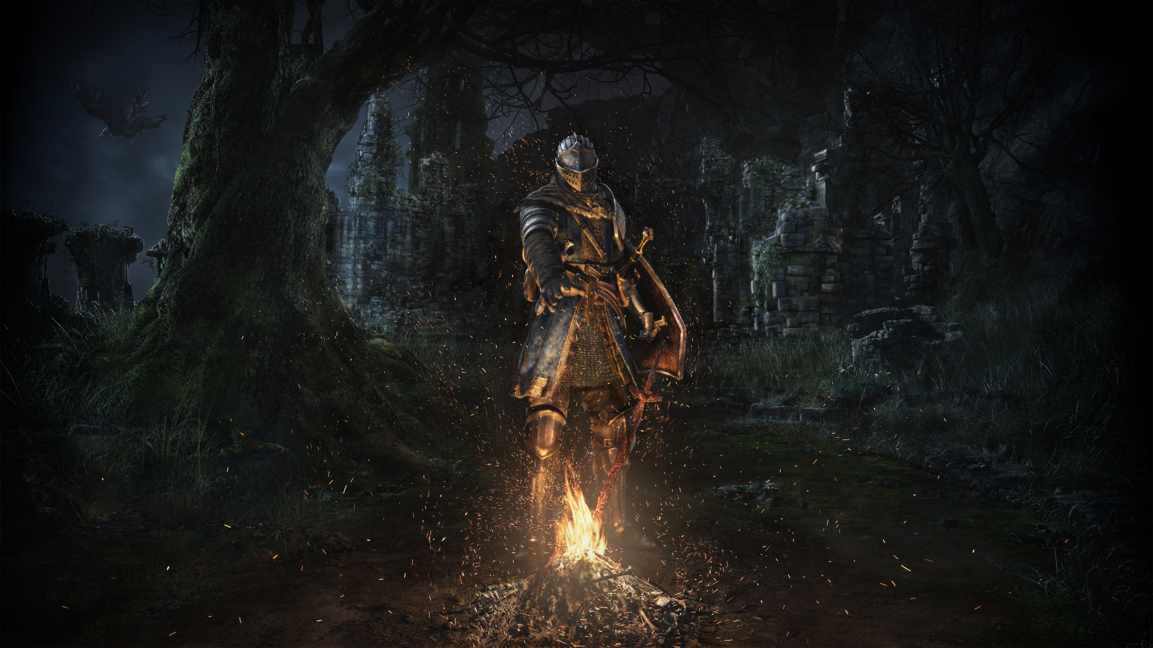 General 3840x2160 Dark Souls video games Dark Souls: Remastered knight fire trees night castle From Software undead digital art