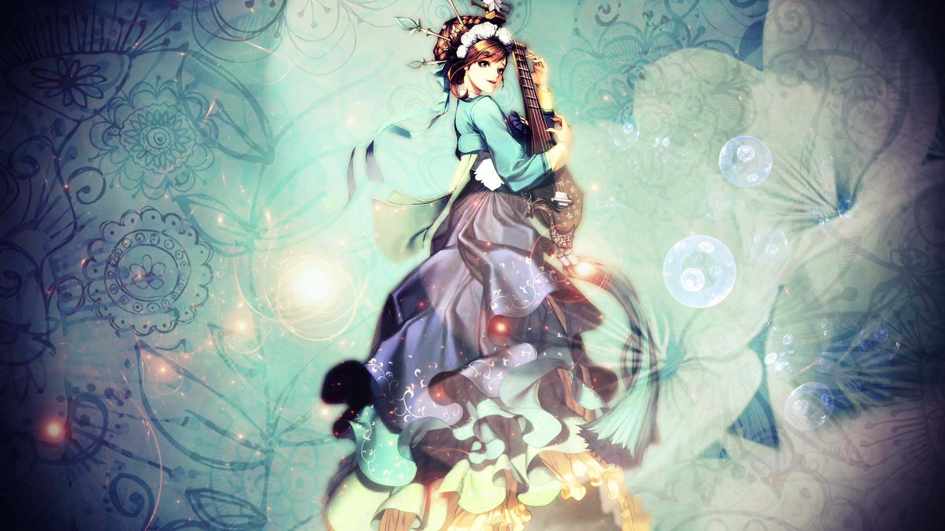 Anime 1920x1080 manga dress blue flowers cyan