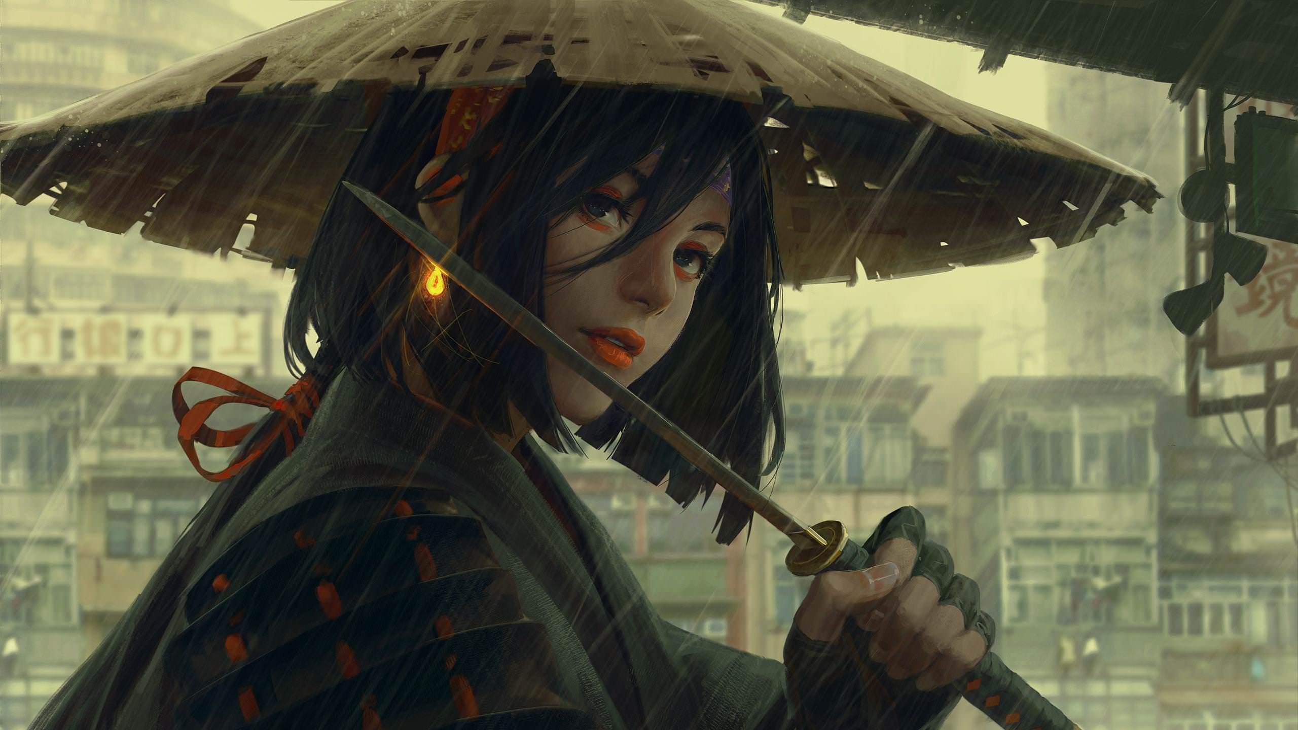 General 2560x1440 artwork women earring original characters face fictional character looking at viewer GUWEIZ rain weapon hat straw hat short hair parted lips makeup gloves fingerless gloves digital art