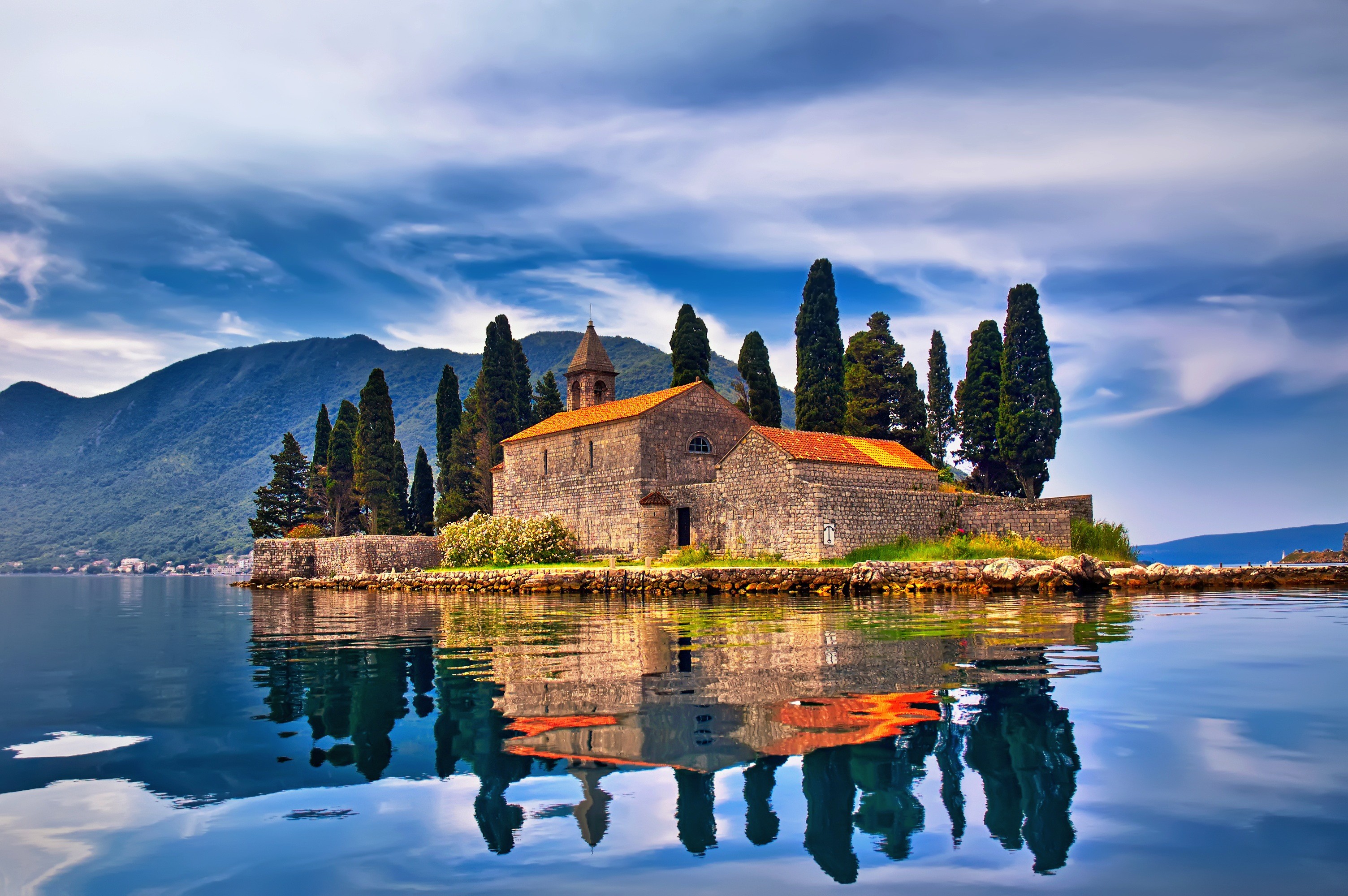 General 3008x2000 architecture old building ancient Montenegro island landscape mountains clouds nature trees church rocks reflection hills water lake house Mediterranean Sea Bay of Kotor