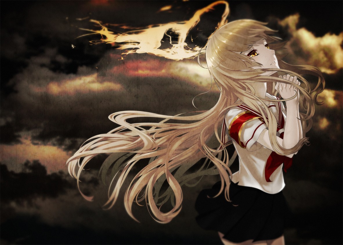 Anime 1183x847 clouds long hair polychrome school uniform skirt yellow eyes blonde