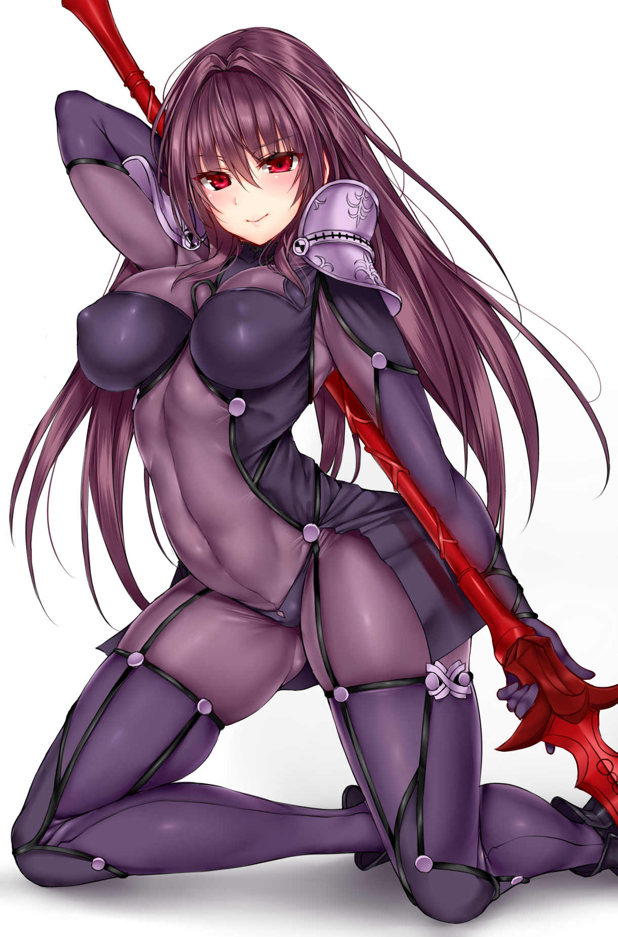 Anime 1220x1850 Fate/Grand Order Scathach long hair red eyes bodysuit weapon spear blue gk Fate series