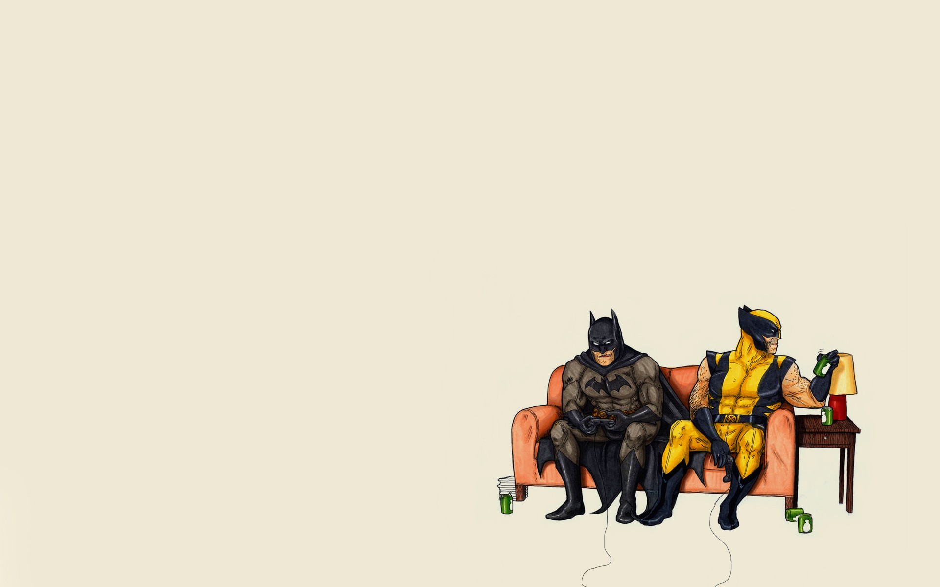 General 1920x1200 Batman Wolverine video games minimalism superhero DC Comics Marvel Comics sitting simple background couch can drink lamp controllers cape