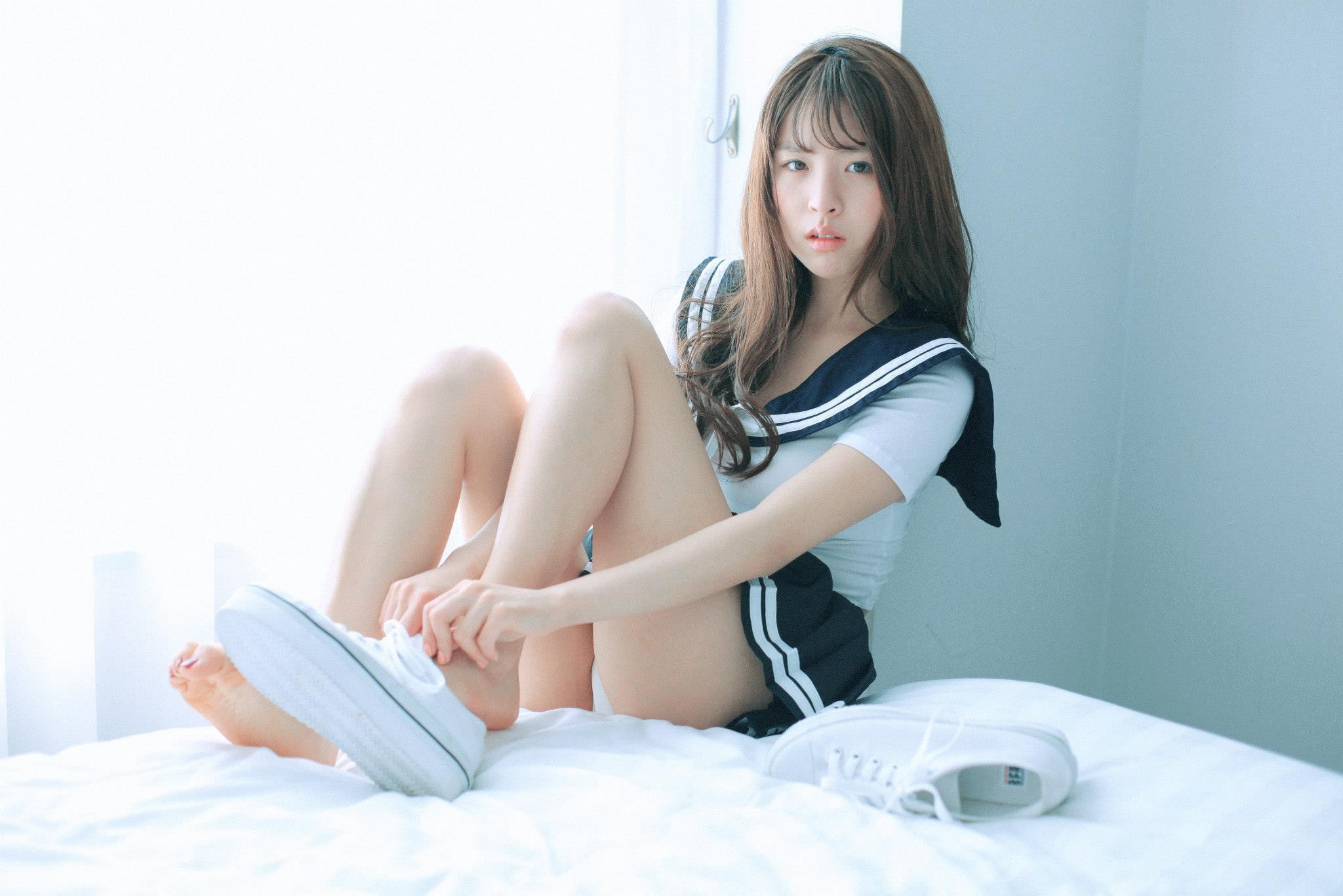 People 2048x1366 women Asian panties upskirt school uniform brunette removing shoes Rotta Kwon Hyukjeong sneakers curled toes shoes on bed white sneakers long hair looking at viewer shoe sole indoors women indoors skirt frills bent legs barefoot foot sole parted lips sunlight