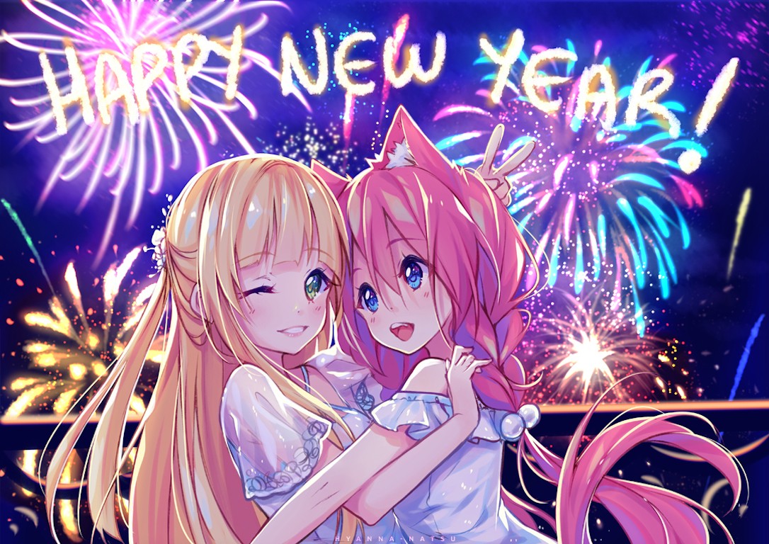 Anime 1086x768 New Year blonde pink hair fireworks anime anime girls