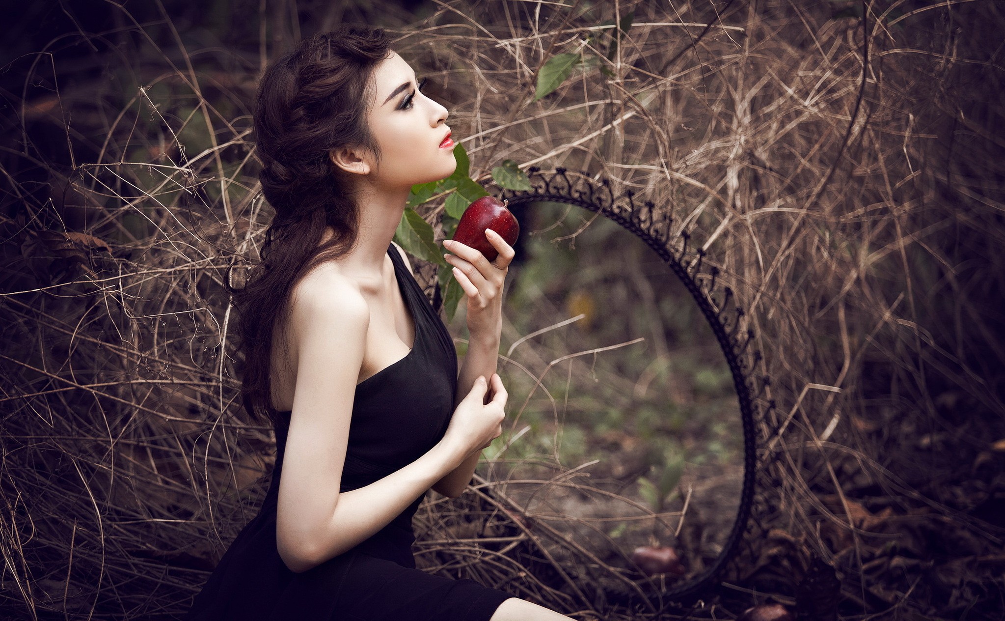 People 2047x1264 women apples Asian brunette long hair mirror