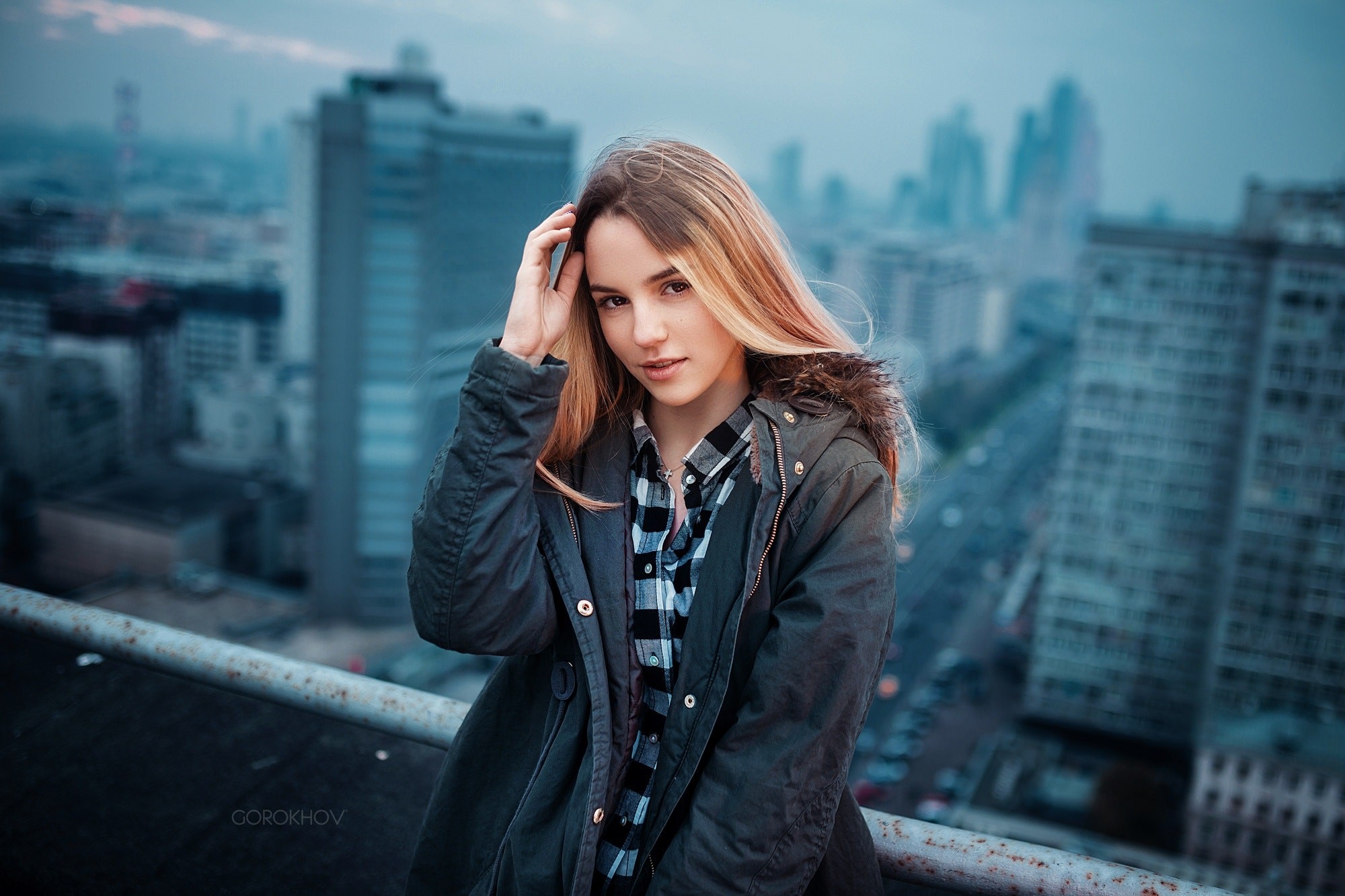 People 2000x1333 women blonde portrait cityscape women outdoors shirt depth of field Ivan Gorokhov Maryana Ro jacket grey jacket touching hair brown eyes ombre hair Moscow plaid shirt Russia
