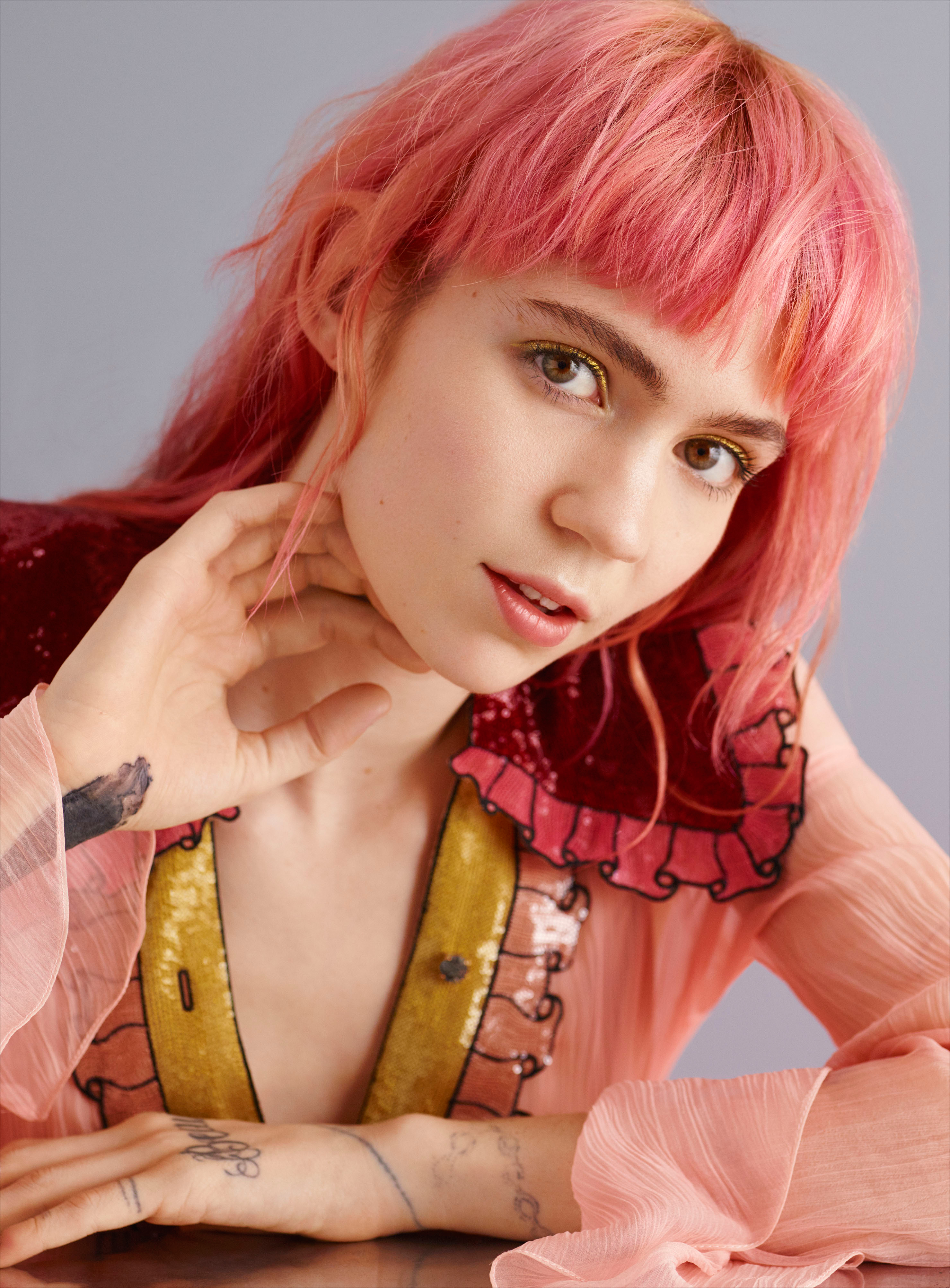 People 2958x4011 women singer Grimes portrait display pink hair looking at viewer tattoo closeup