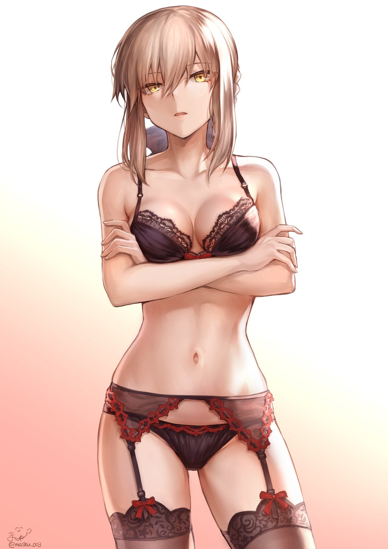 Anime 1302x1842 Fate/Grand Order anime girls simple background Mashu 003 Fate series Fate/Stay Night fate/stay night: heaven's feel black lingerie looking at viewer yellow eyes Saber Alter small boobs thighs cleavage 2D fan art blonde lingerie garter belt thigh-highs underwear Artoria Pendragon