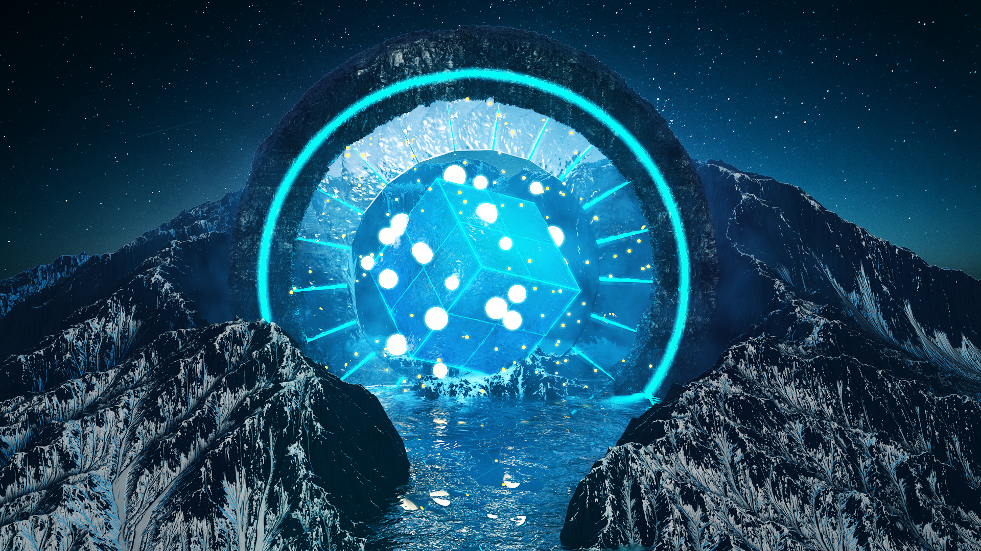 General 1920x1080 Cinema 4D CGI abstract 3D Abstract landscape blue mountains stars cube cyan 3D Blocks nature