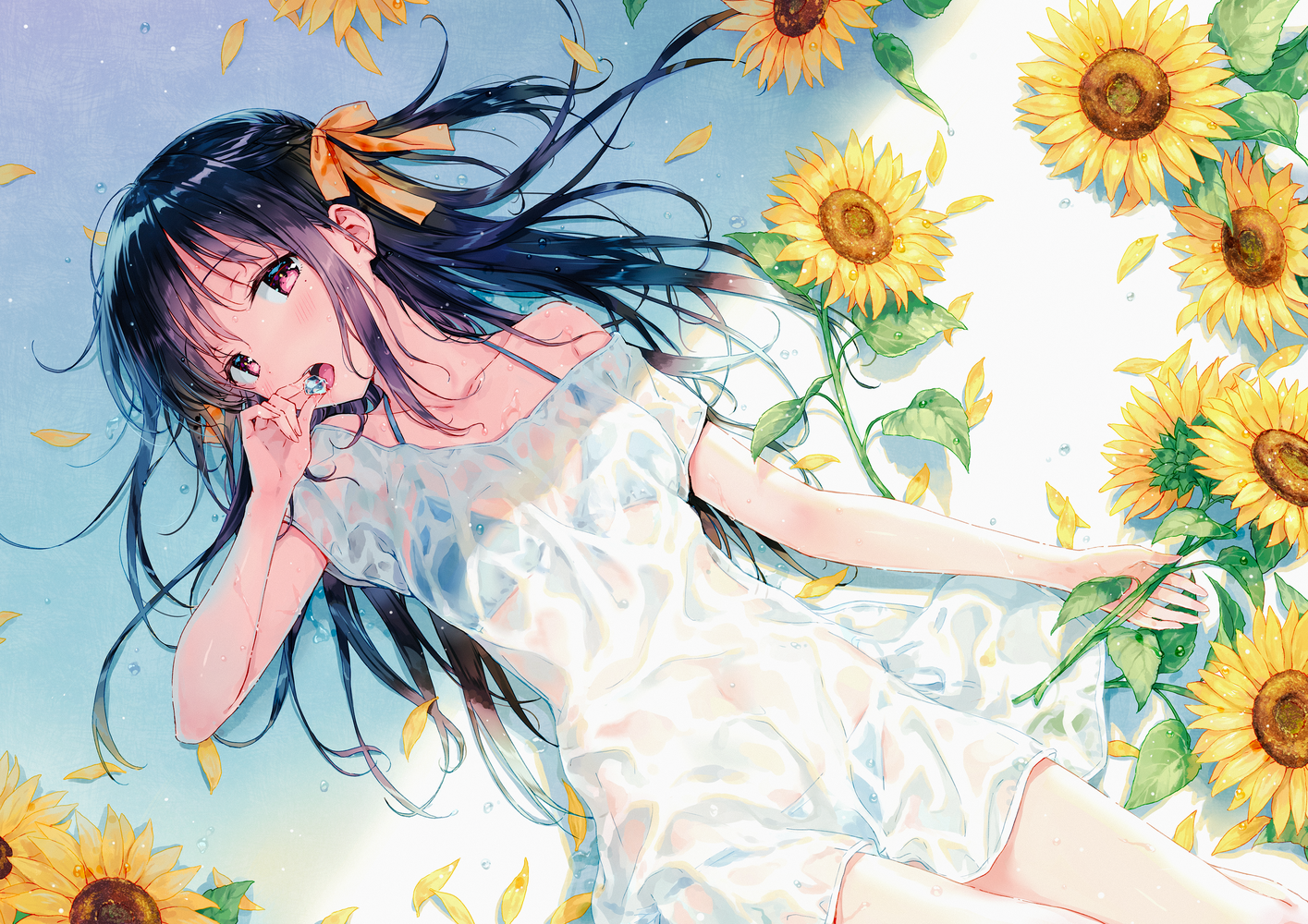Anime 1415x1000 anime girls Hiten anime flowers sunflowers dark hair long hair bra panties plants